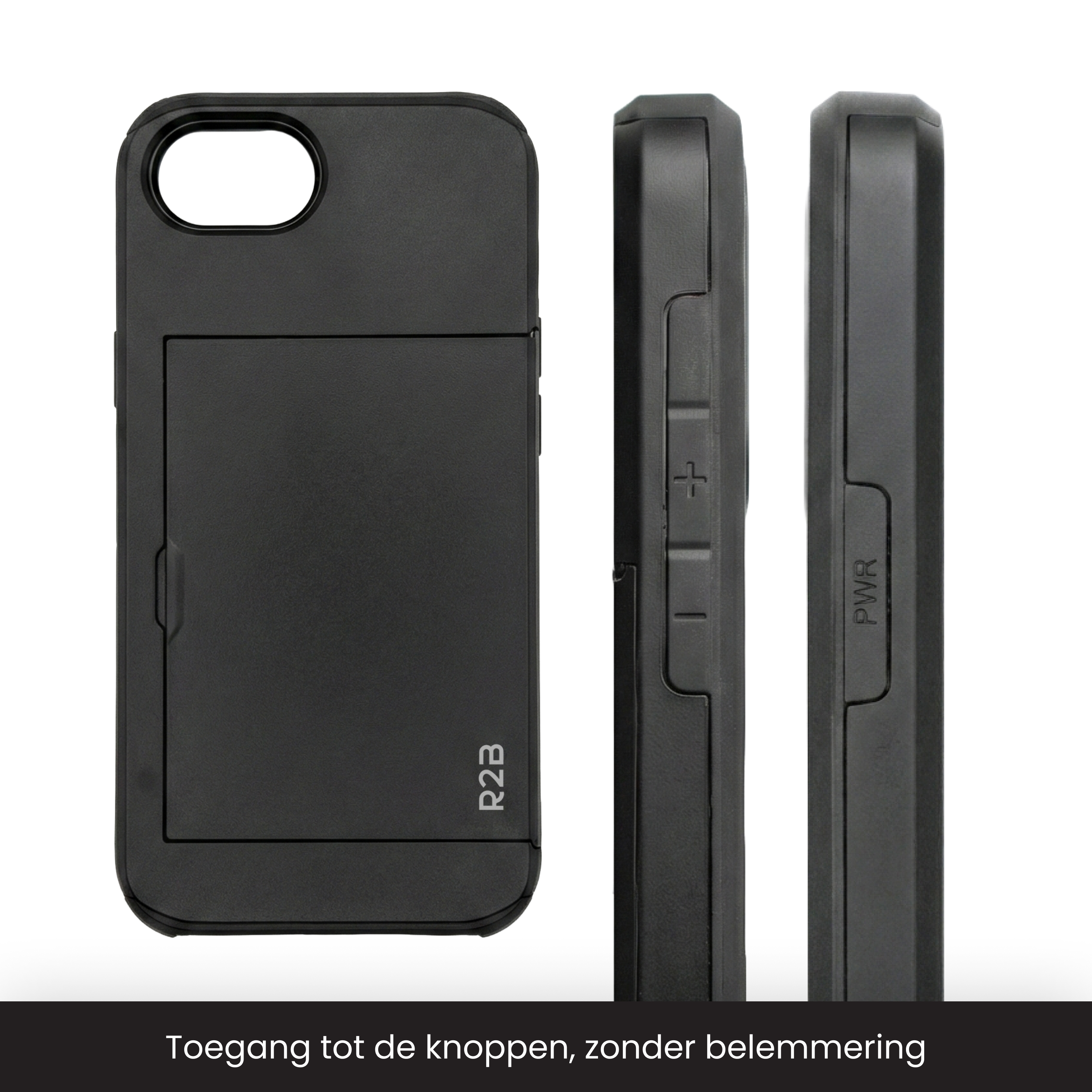 Zwarte telefoonhoes getoond van voren, zijkant met knoppen en zijkant met PWR.