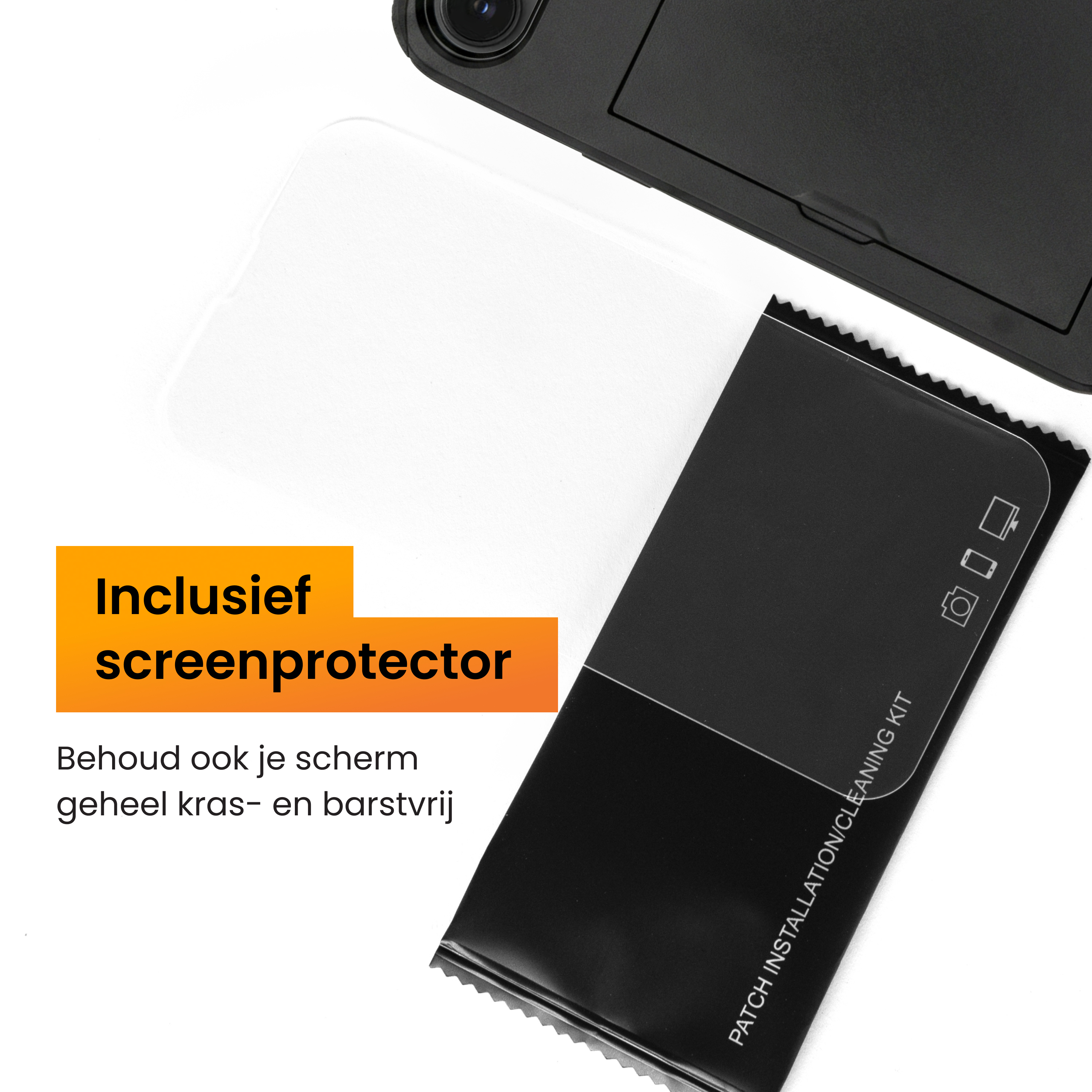 Zwart pakket met 'Patch Installation/Cleaning Kit' en deel van zwart apparaat.