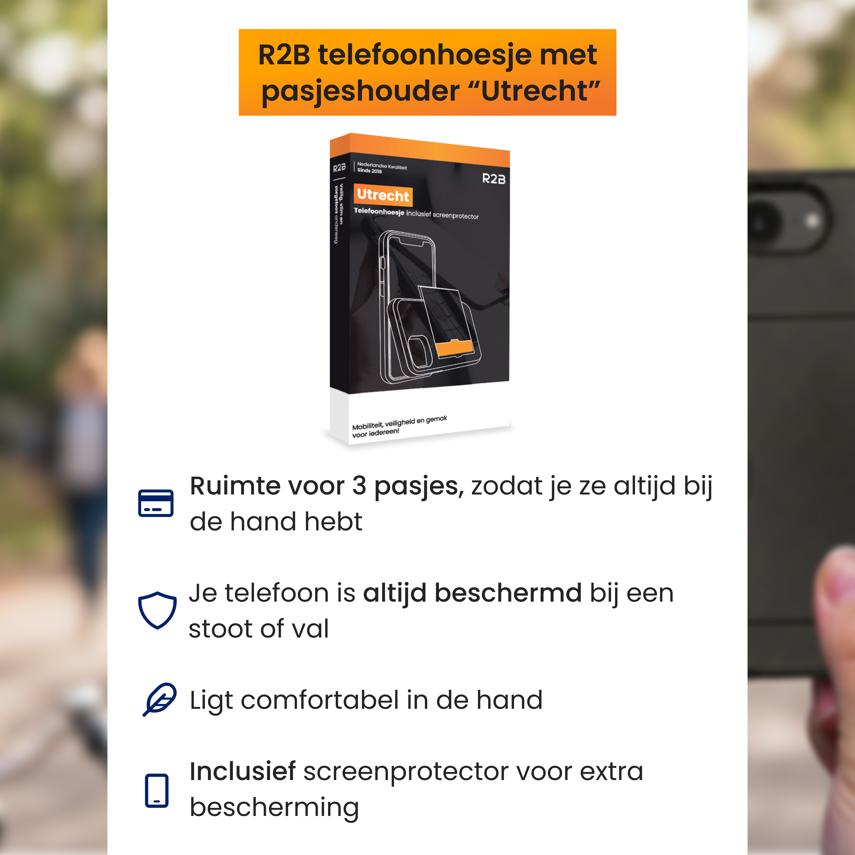 Produktbild: R2B Handyhülle mit Kartenhalter, Utrecht. Beschreibt Features wie Kartenfächer, Schutz, Komfort.
