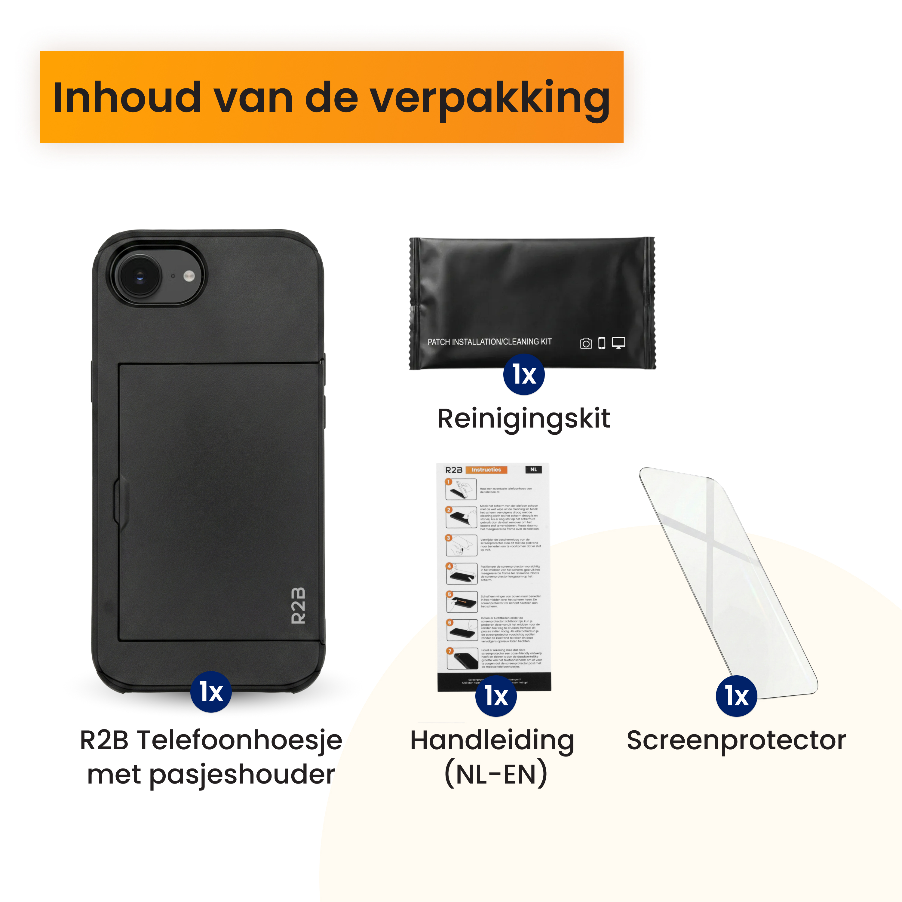 Verpakkingsinhoud: Zwarte telefoonhoes, reinigingskit, handleiding, screenprotector.