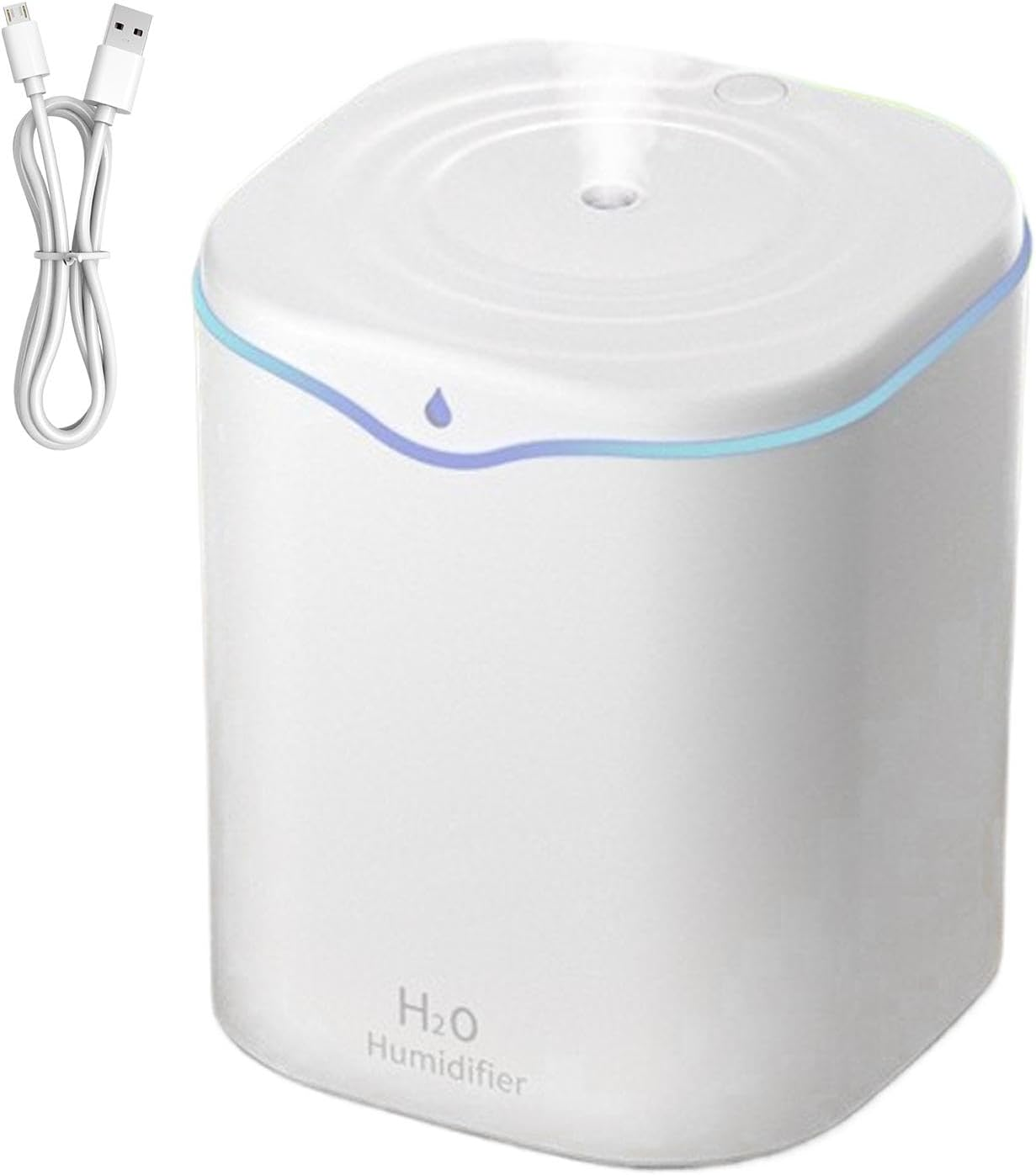 Ein weißer H2O-Luftbefeuchter mit blauem Lichtband und USB-Kabel.