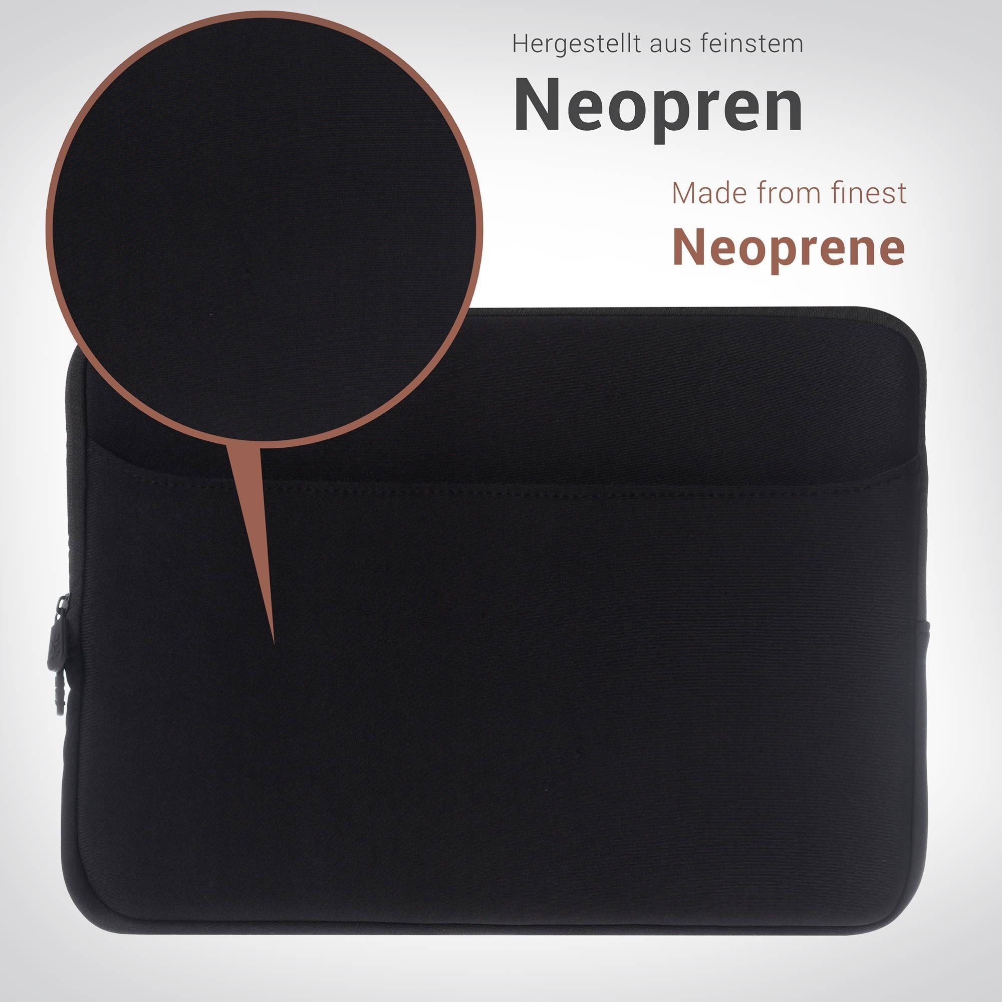 Schwarze Neopren-Laptoptasche mit Reißverschluss und Nahaufnahme des Materials.