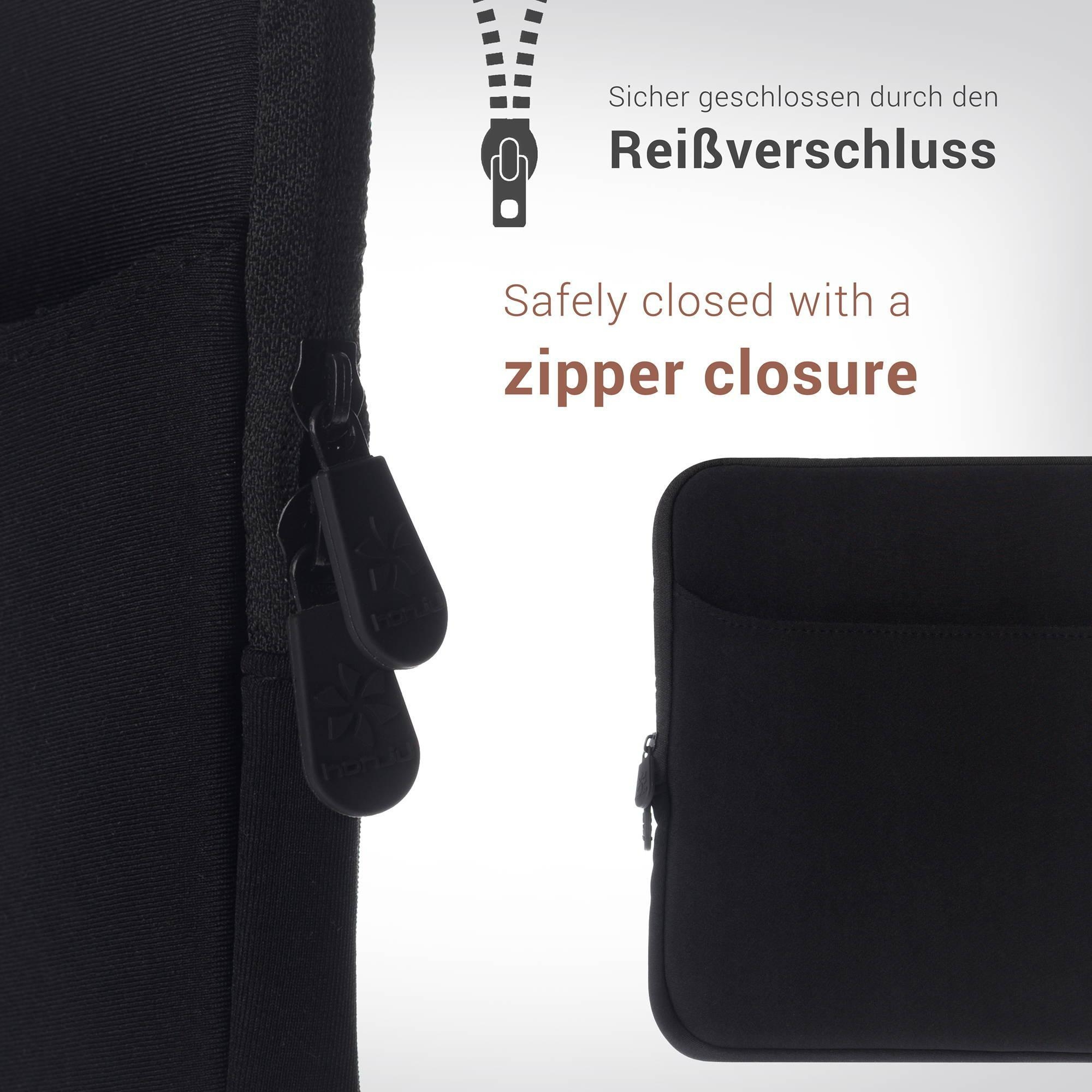 Schwarze Tasche mit Reißverschluss und zwei Zippern, Detailansicht.