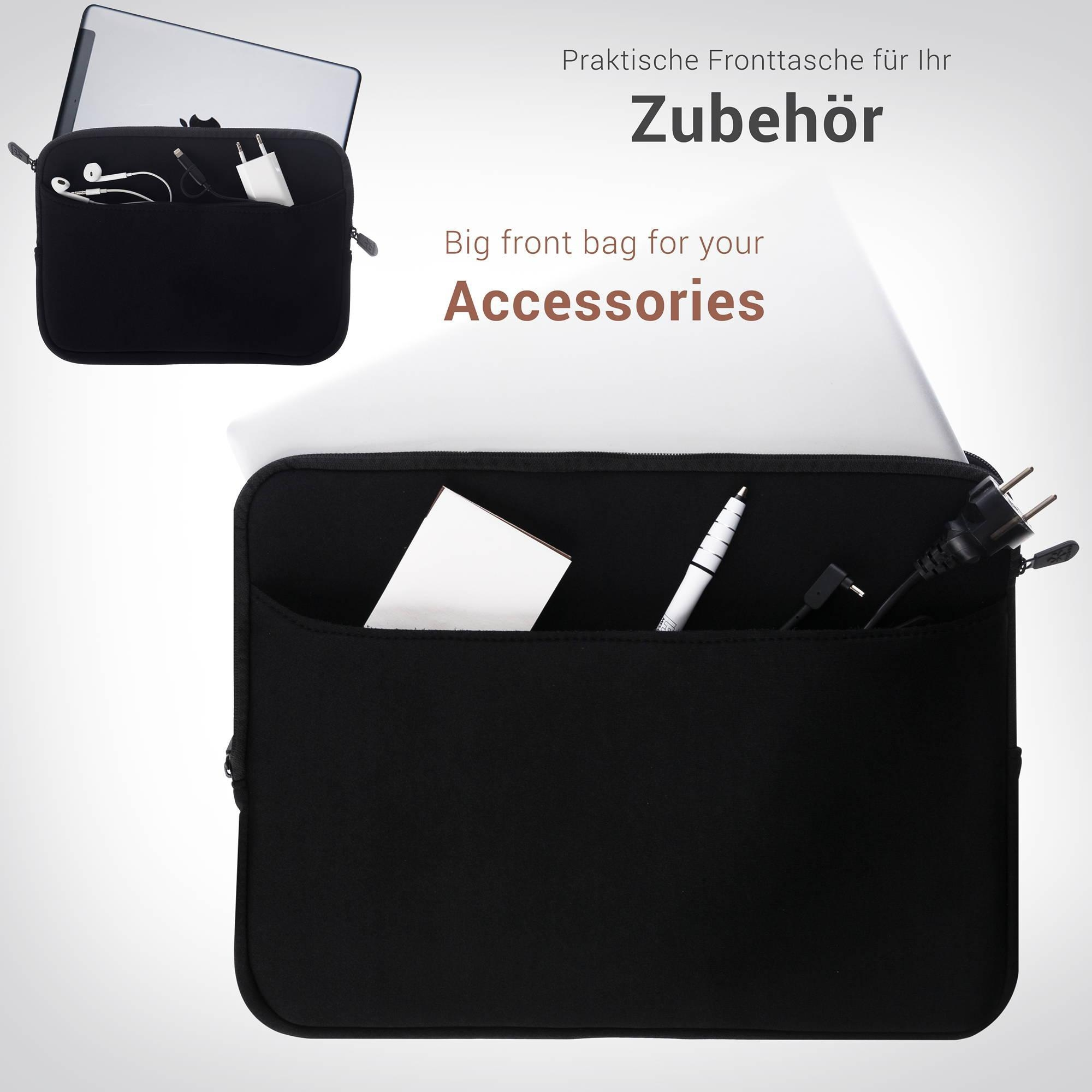 Schwarze Laptoptasche mit Fronttasche für Zubehör wie Kopfhörer, Kabel und Stift.