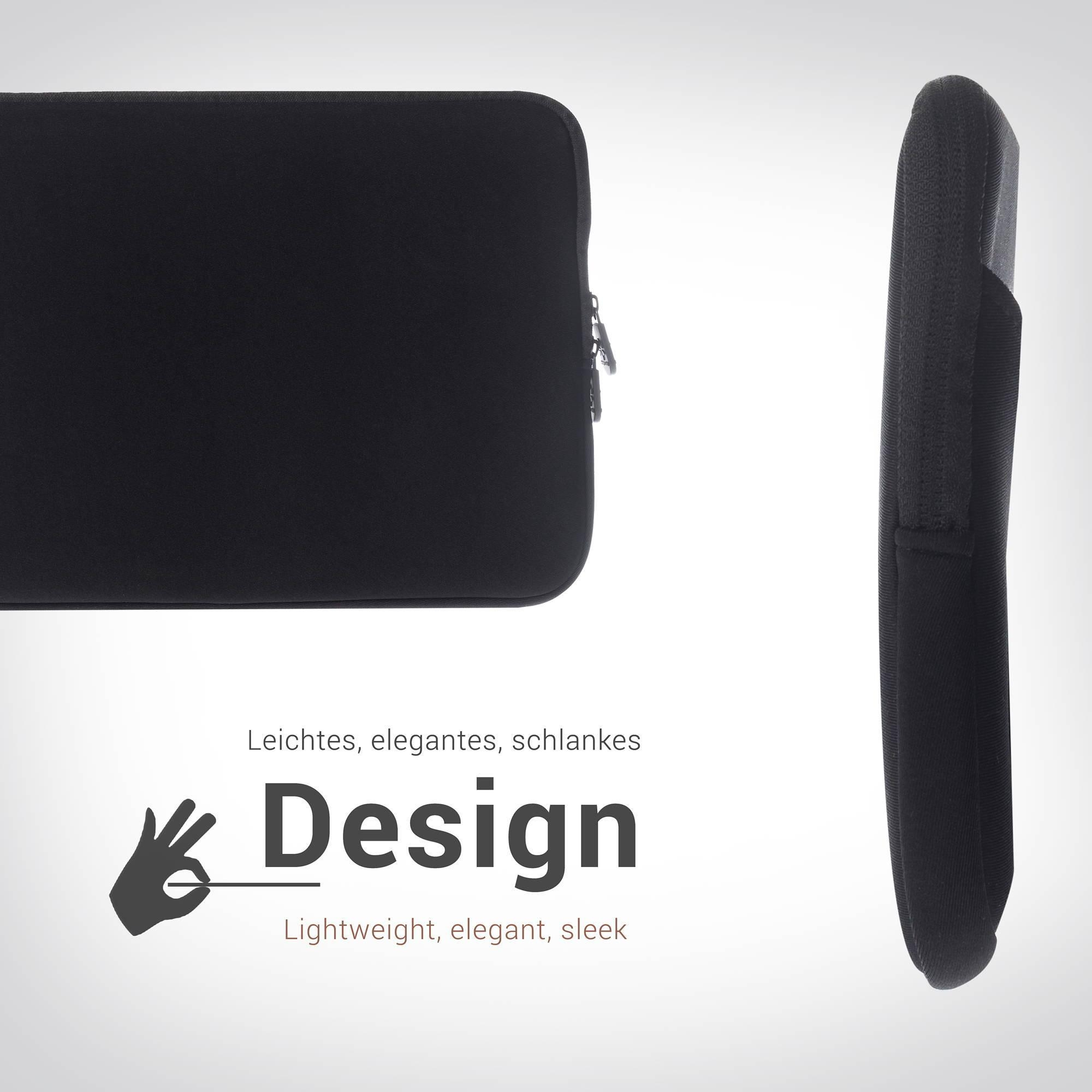 Schwarze Laptoptasche, flach und elegant, mit Reißverschluss und Klettverschluss.