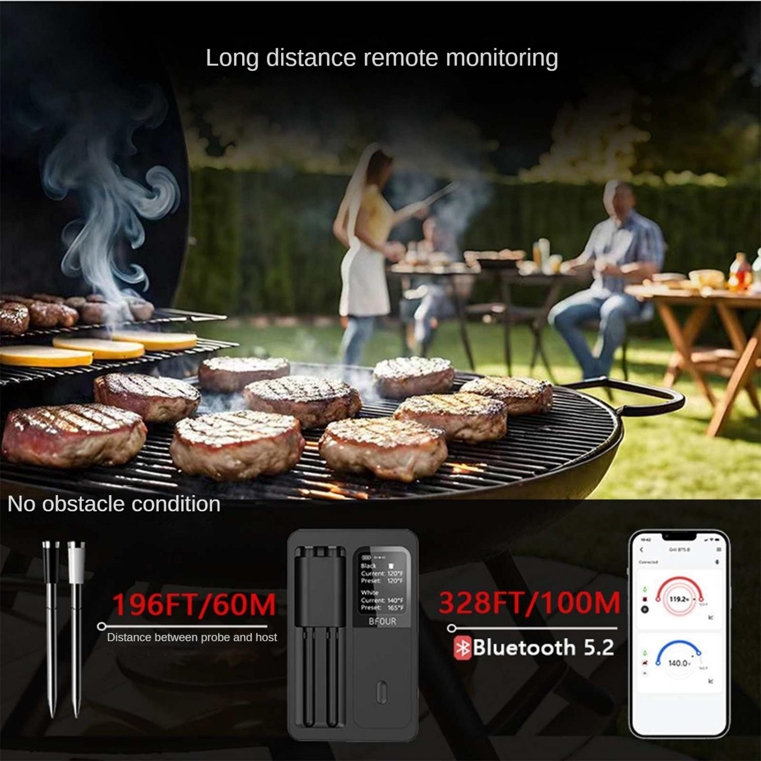 Fleisch wird auf einem Grill mit Rauch gegrillt. Daneben sind ein Thermometer und ein Smartphone mit App.