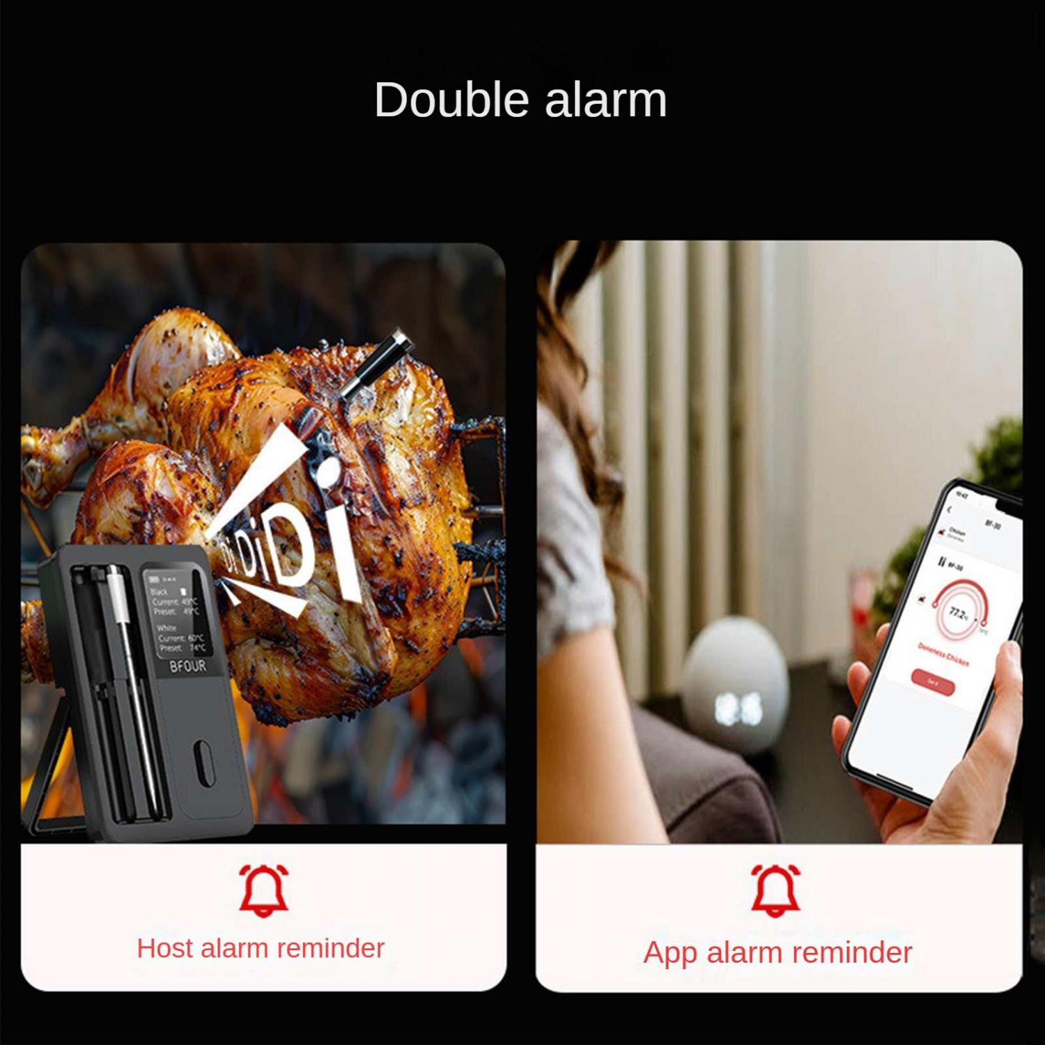Ein Brathähnchen am Spieß neben einem Thermometer und einem Telefon mit Koch-App.