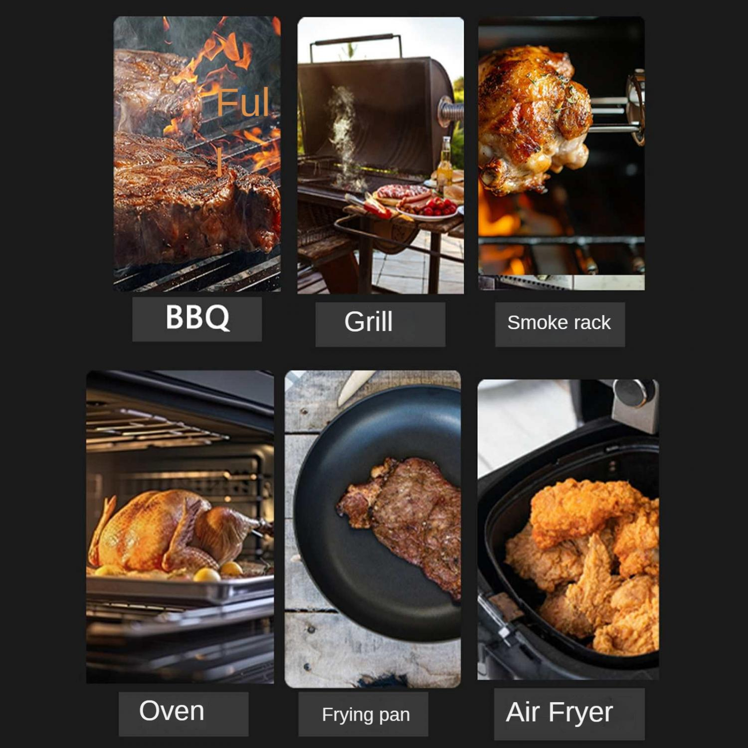 Collage von Kochmethoden: BBQ-Steak, Grill, Brathähnchen, Ofen-Truthahn, Bratsteak, Heißluftfritteusen-Hähnchen.