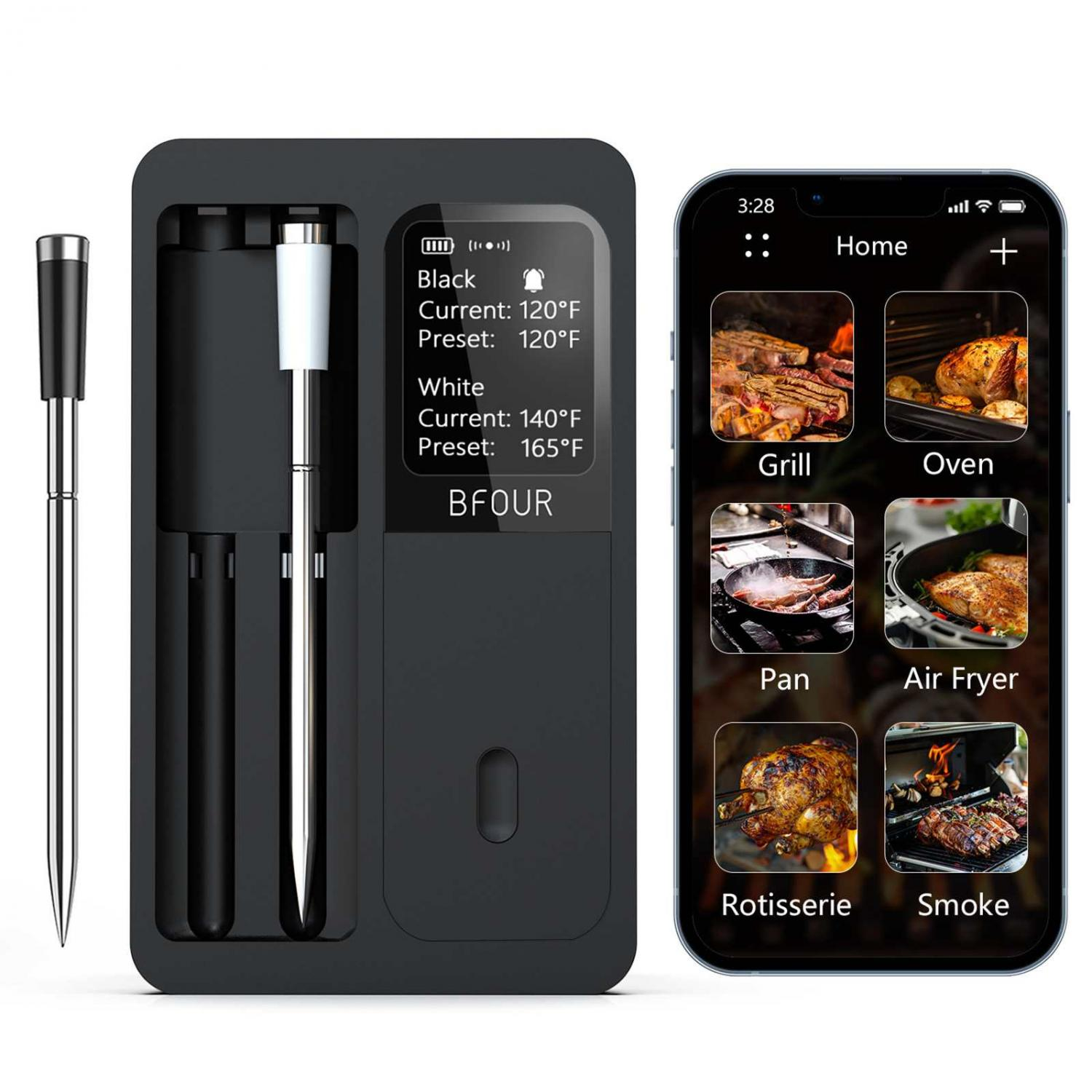 Ein schwarzes Fleischthermometer-Gerät und ein Smartphone mit Kochoptionen wie Grill, Ofen, Rotisserie.