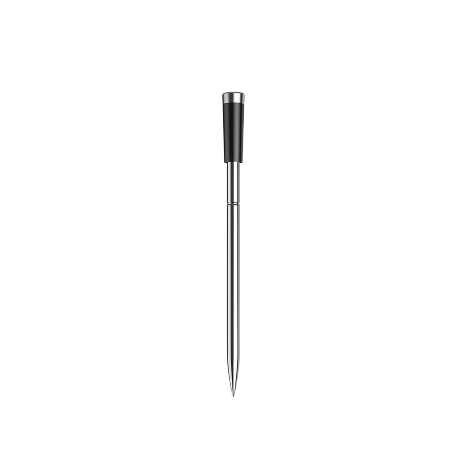 Ein schlankes, metallisches Thermometer mit einem schwarzen Griff und einer spitzen Spitze.