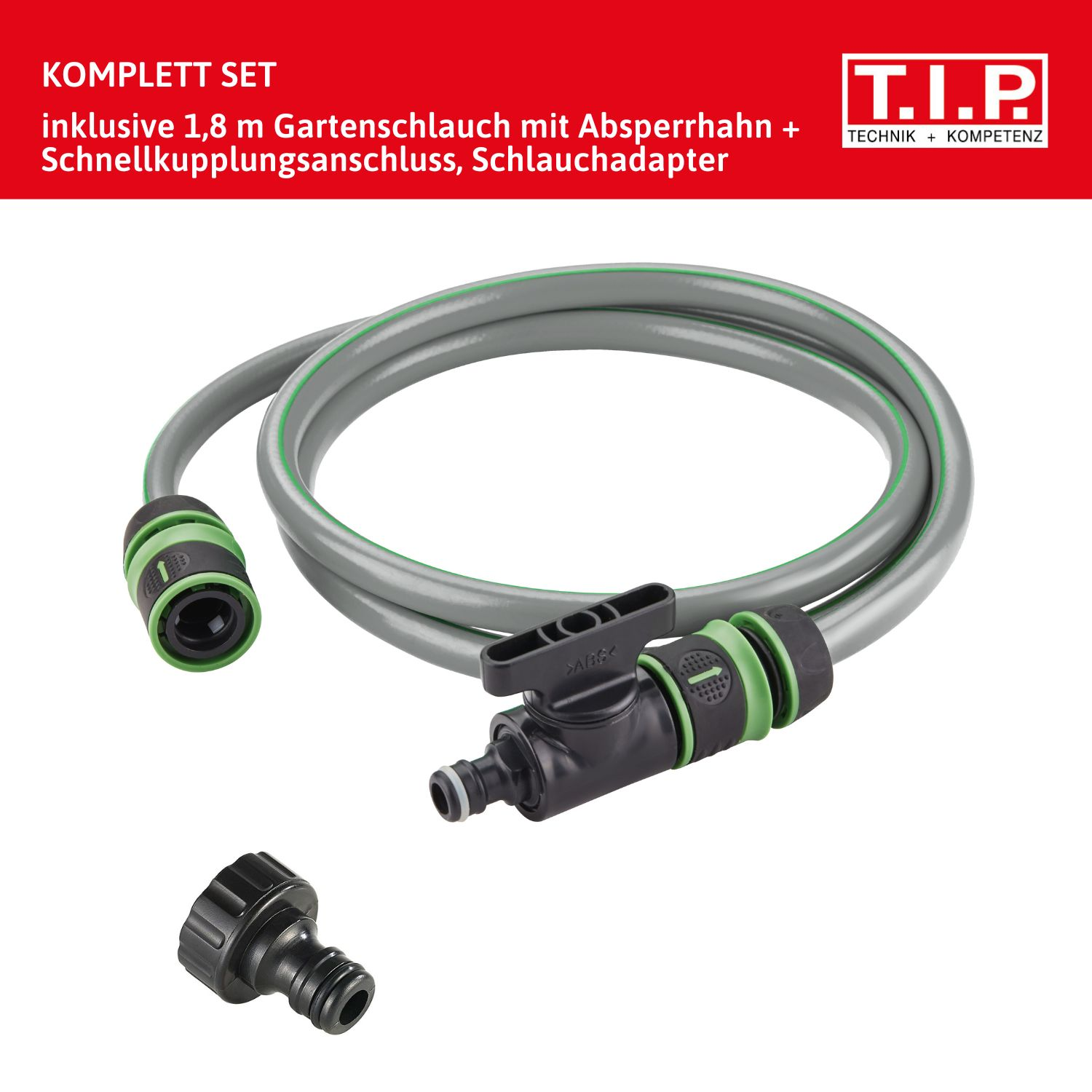 Gartenschlauch-Set mit 1,8m Schlauch, Absperrhahn und Anschlüssen.