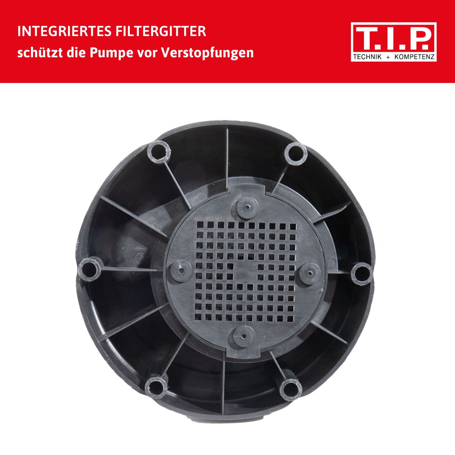Schwarzer Pumpenfuß mit integriertem Filtergitter und Befestigungslöchern.