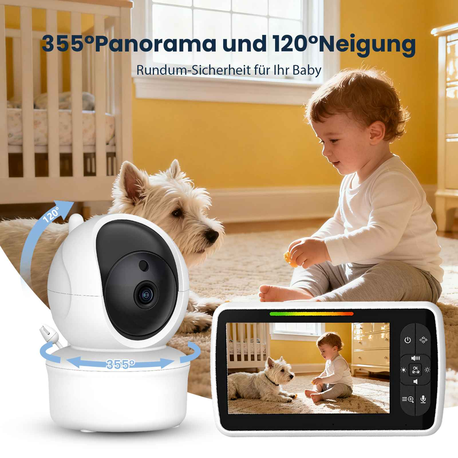 Babyfon mit Kamera, Kleinkind und Hund auf dem Teppich. 355° Panorama, 120° Neigung.
