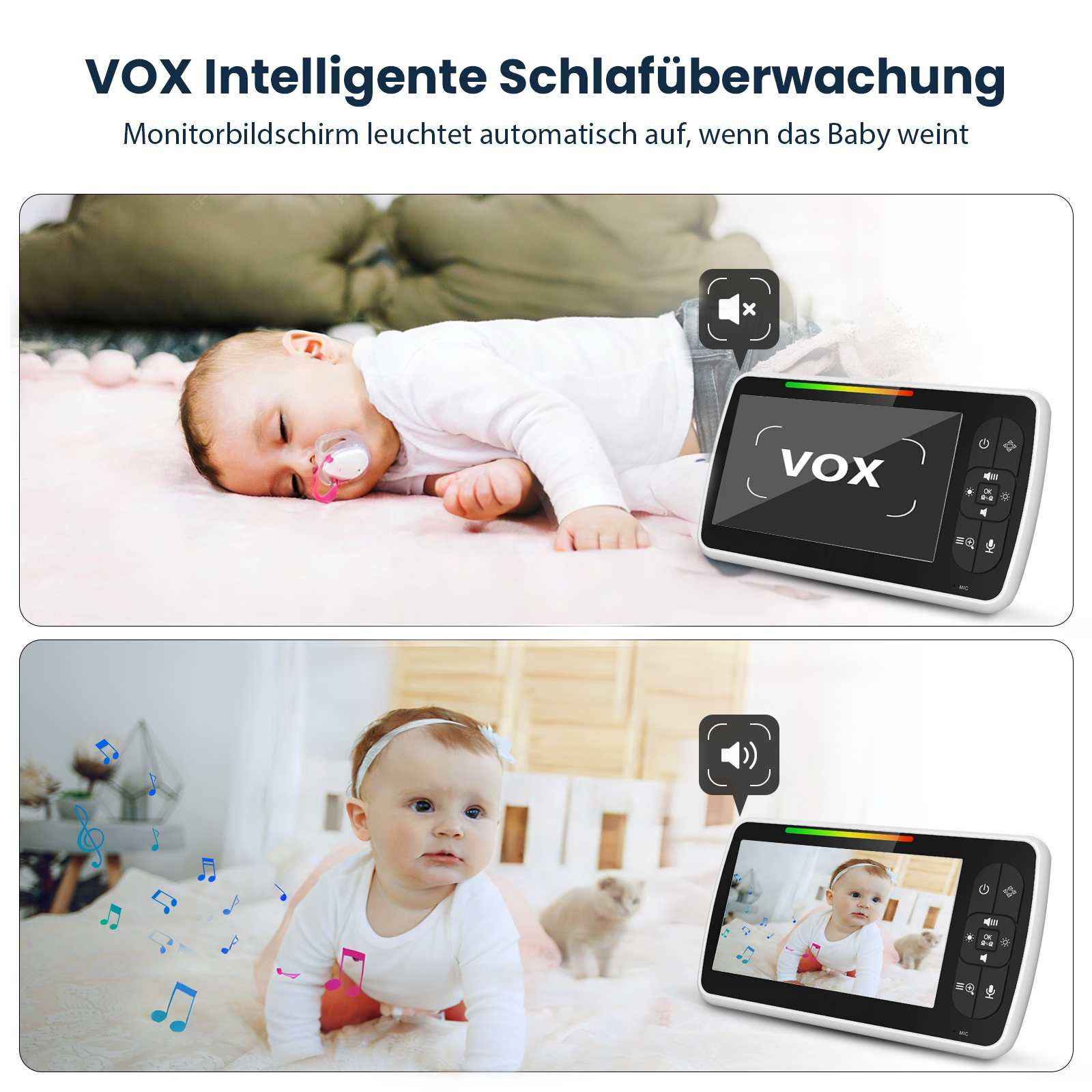 Ein Baby schläft, ein Baby krabbelt, ein Monitor zeigt beide Szenen.
