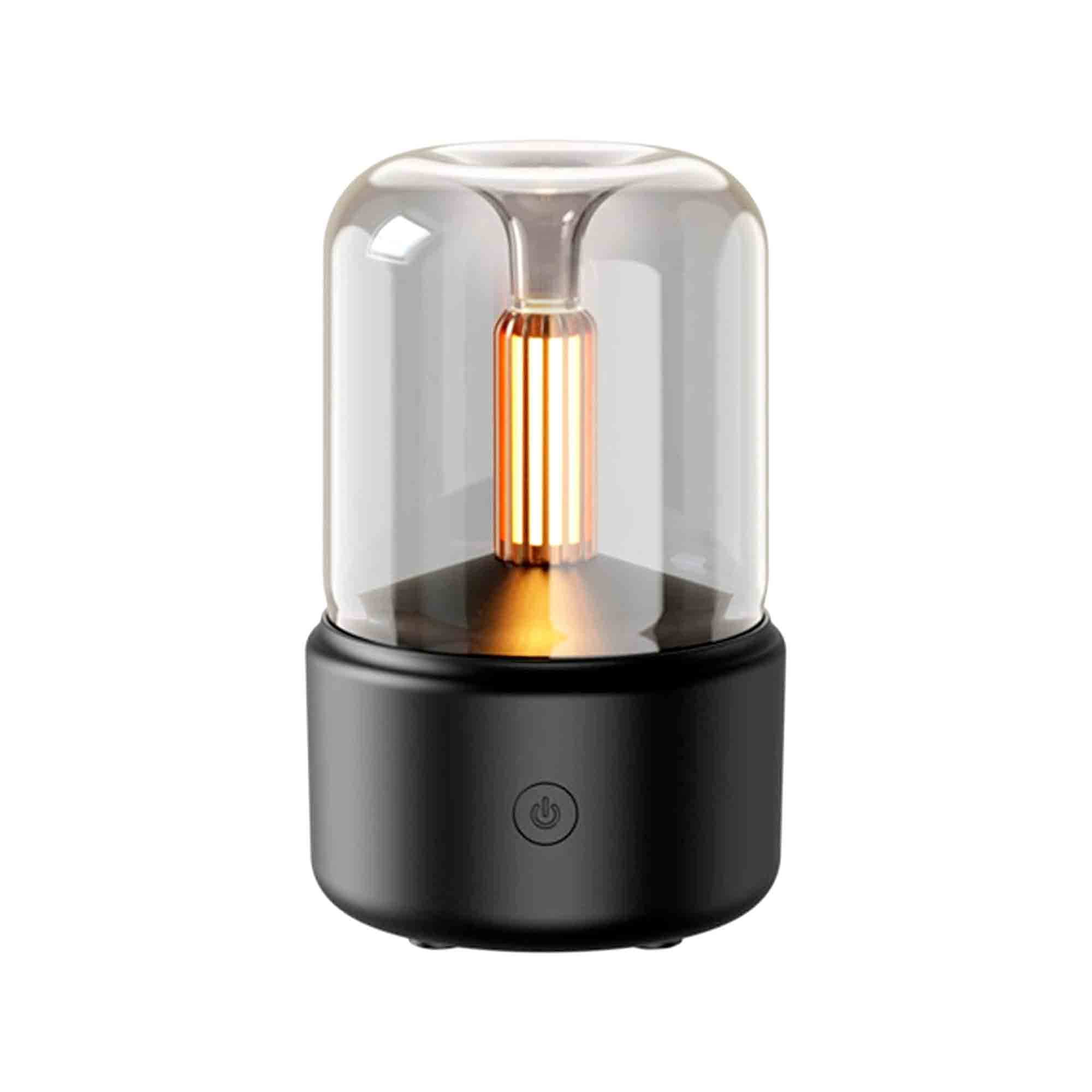 Eine schwarze Lampe mit Glasglocke und beleuchtetem Glühfaden.