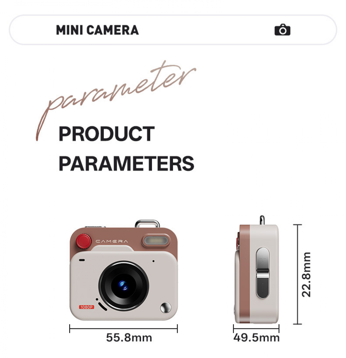 Mini-Kamera mit Abmessungen 55,8 mm Breite und 22,8 mm Höhe.