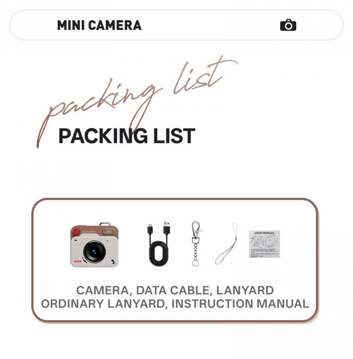 Mini-Kamera-Packliste: Kamera, USB-Kabel, Lanyard und Handbuch.