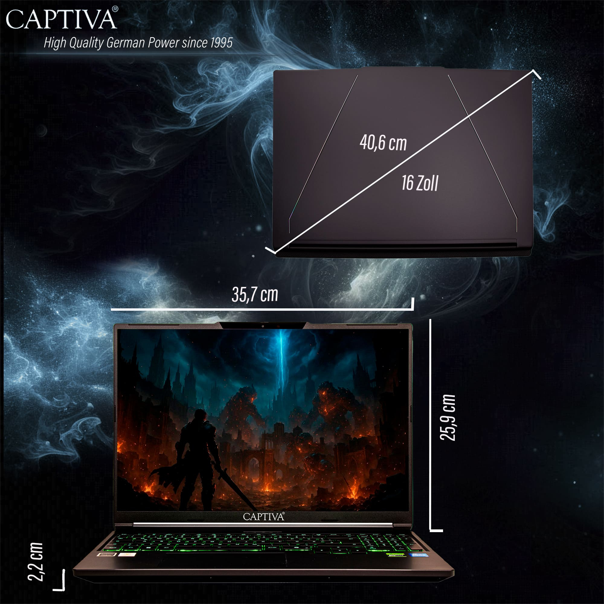 Otwarty laptop z podświetlaną klawiaturą i fantastyczną tapetą na ekranie.