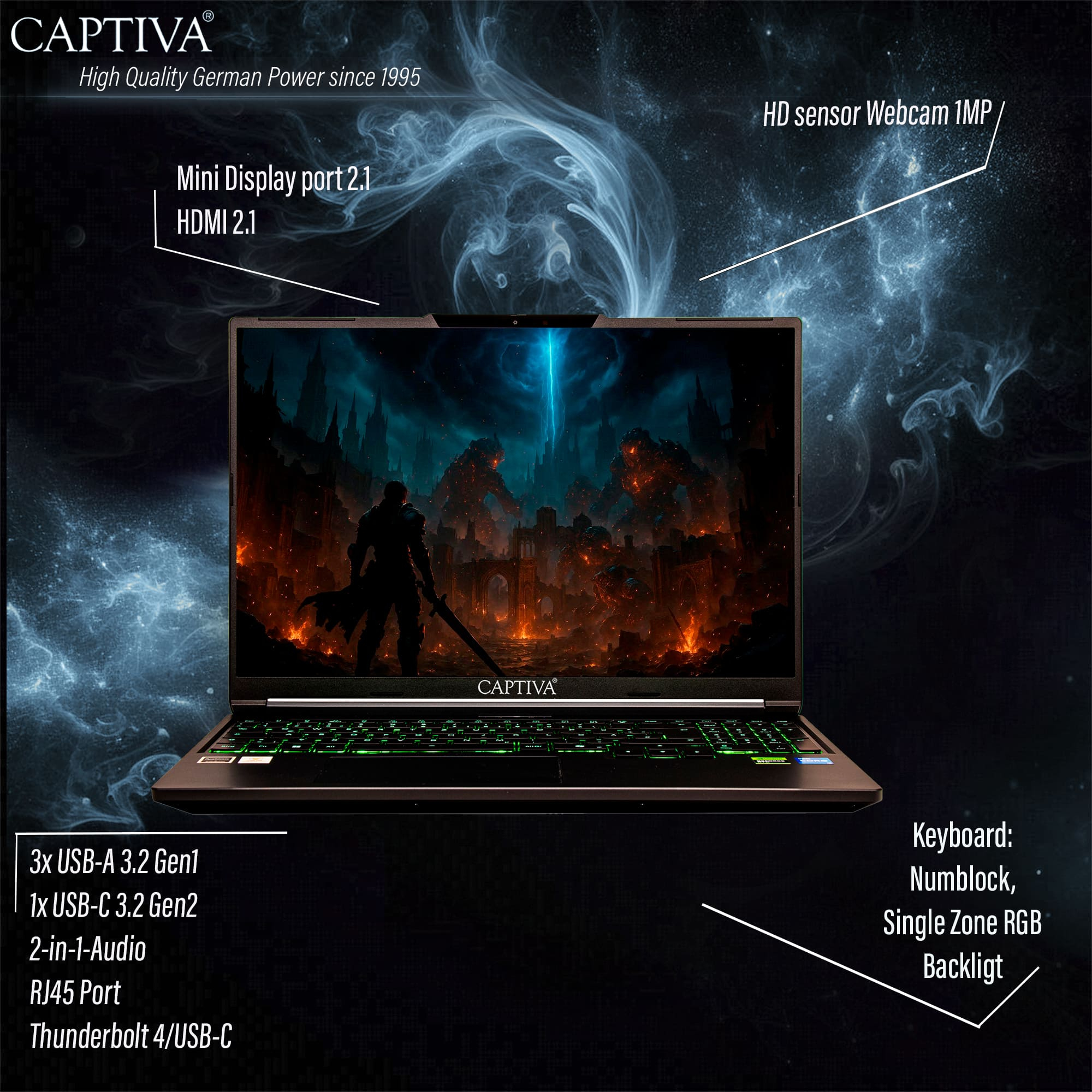Laptop Captiva z podświetlaną klawiaturą, kamerą HD i portami.