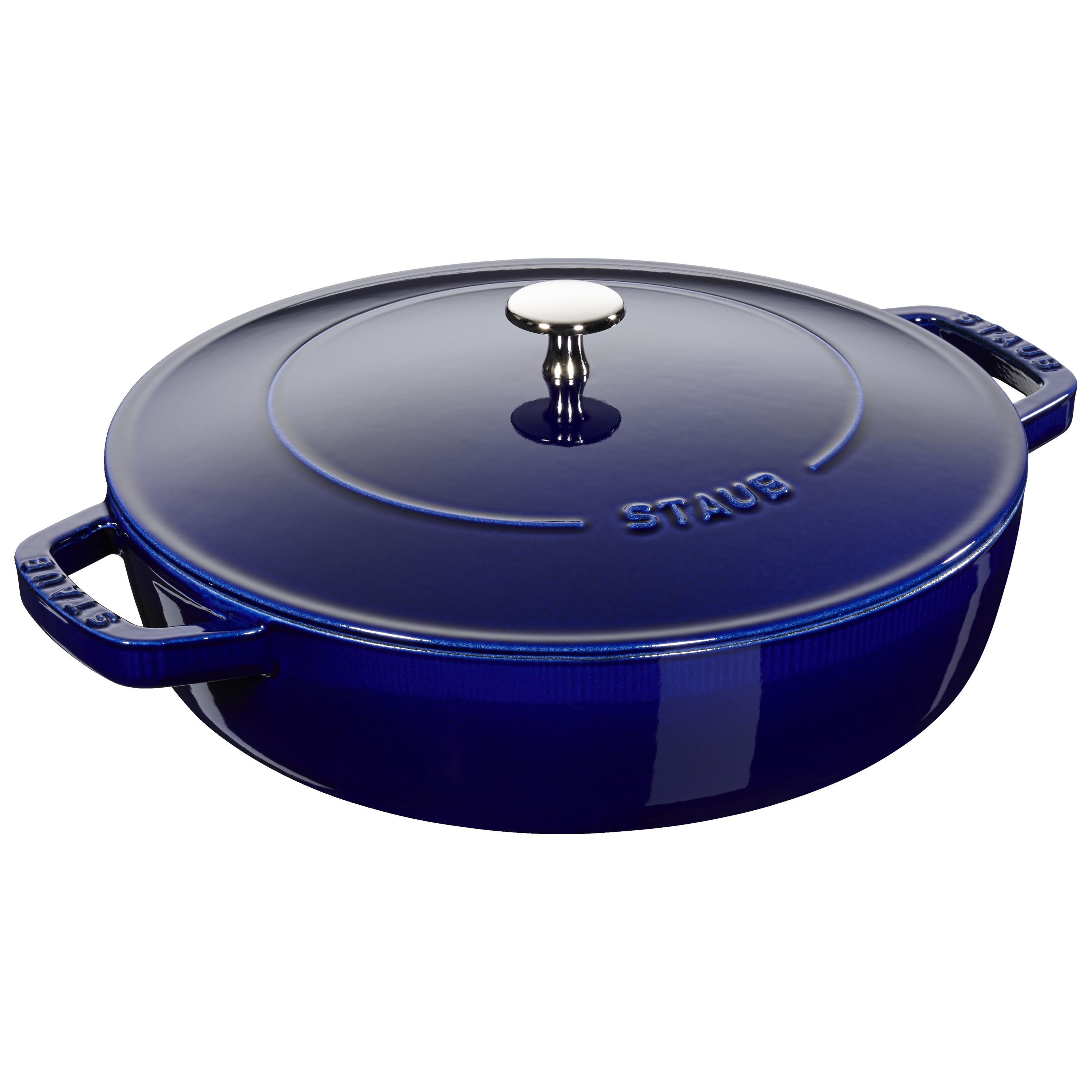 Eine tiefblaue Staub-Schmortopf mit silbernem Griff.