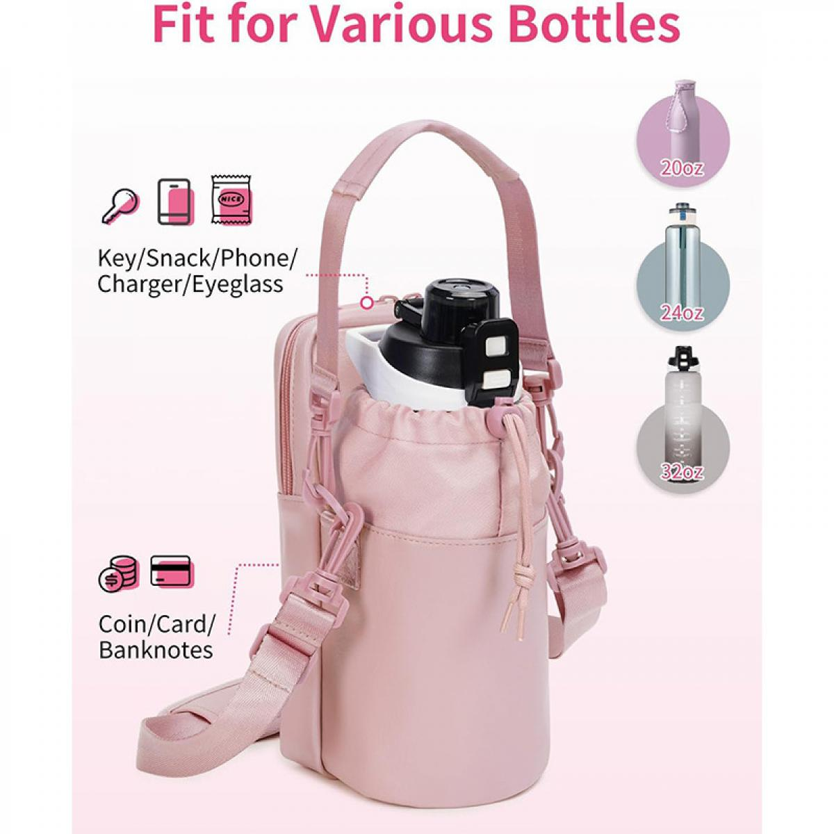 Pinke Tasche für verschiedene Flaschen. Hält Schlüssel, Handy, Snacks, Münzen, Karten. Flaschen 20, 24, 32oz gezeigt.