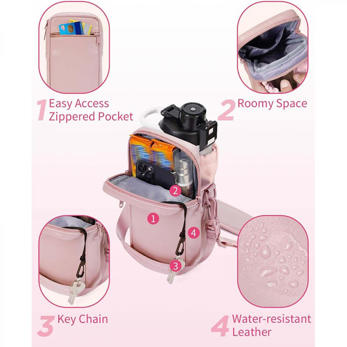 Ein rosa Rucksack mit verschiedenen Fächern und Funktionen, z.B. Reißverschlusstasche, Schlüsselanhänger.