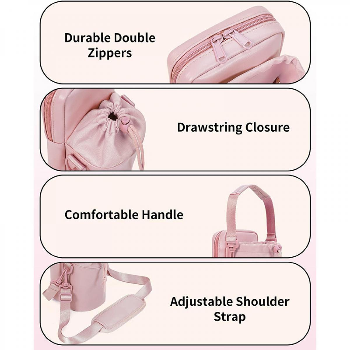 Rosa Tasche Details: Reißverschlüsse, Kordelzug, Griff und verstellbarer Gurt.