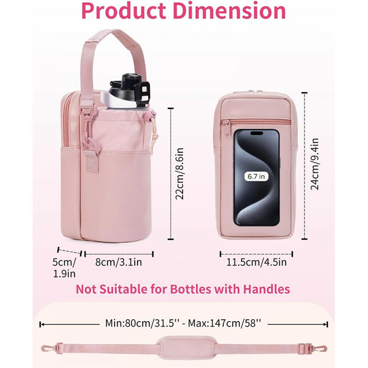 Rosa Flaschenhalter (22cm hoch) und Handytasche (24cm hoch) mit Maßen.