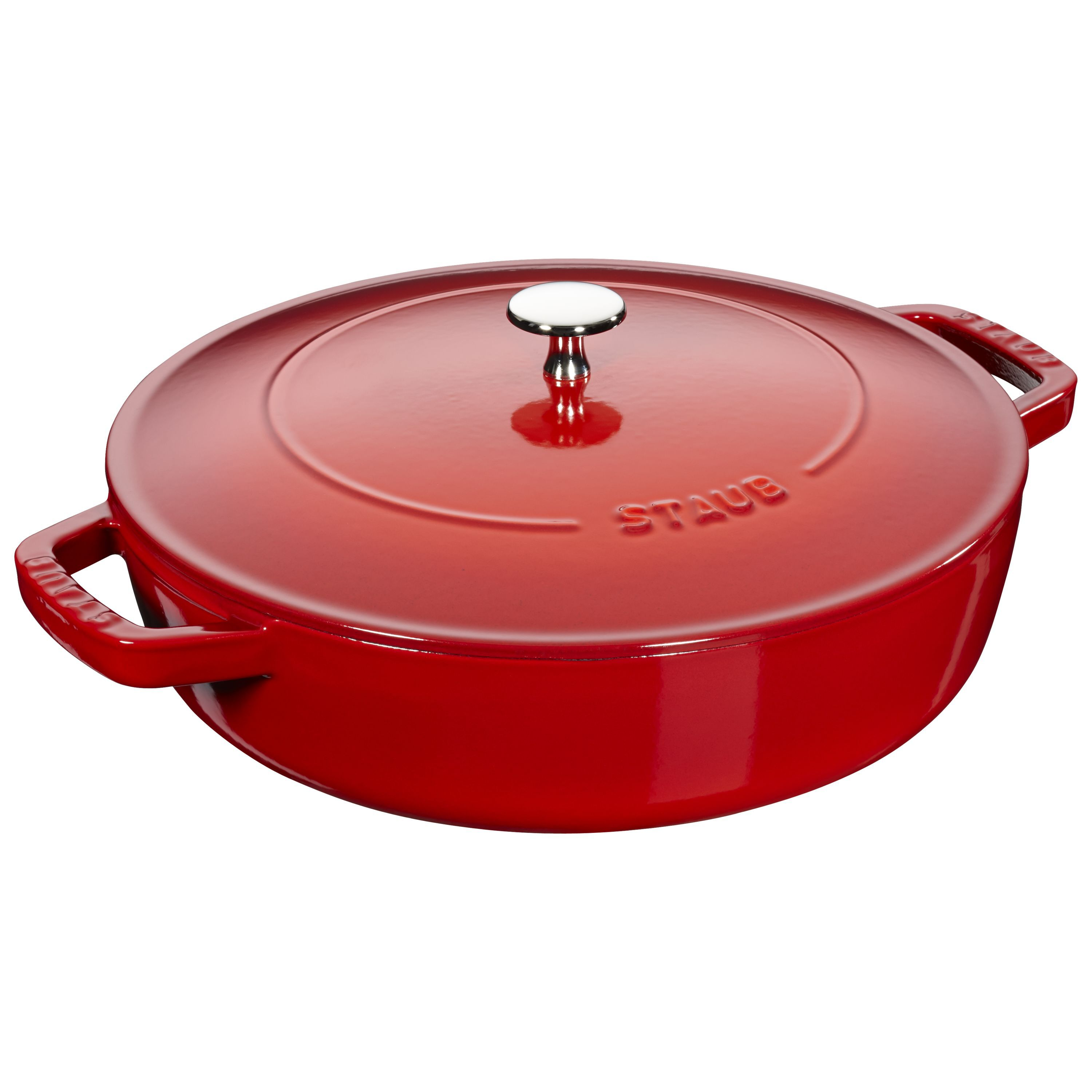 Roter Staubtopf mit silbernem Griff und Griffen.