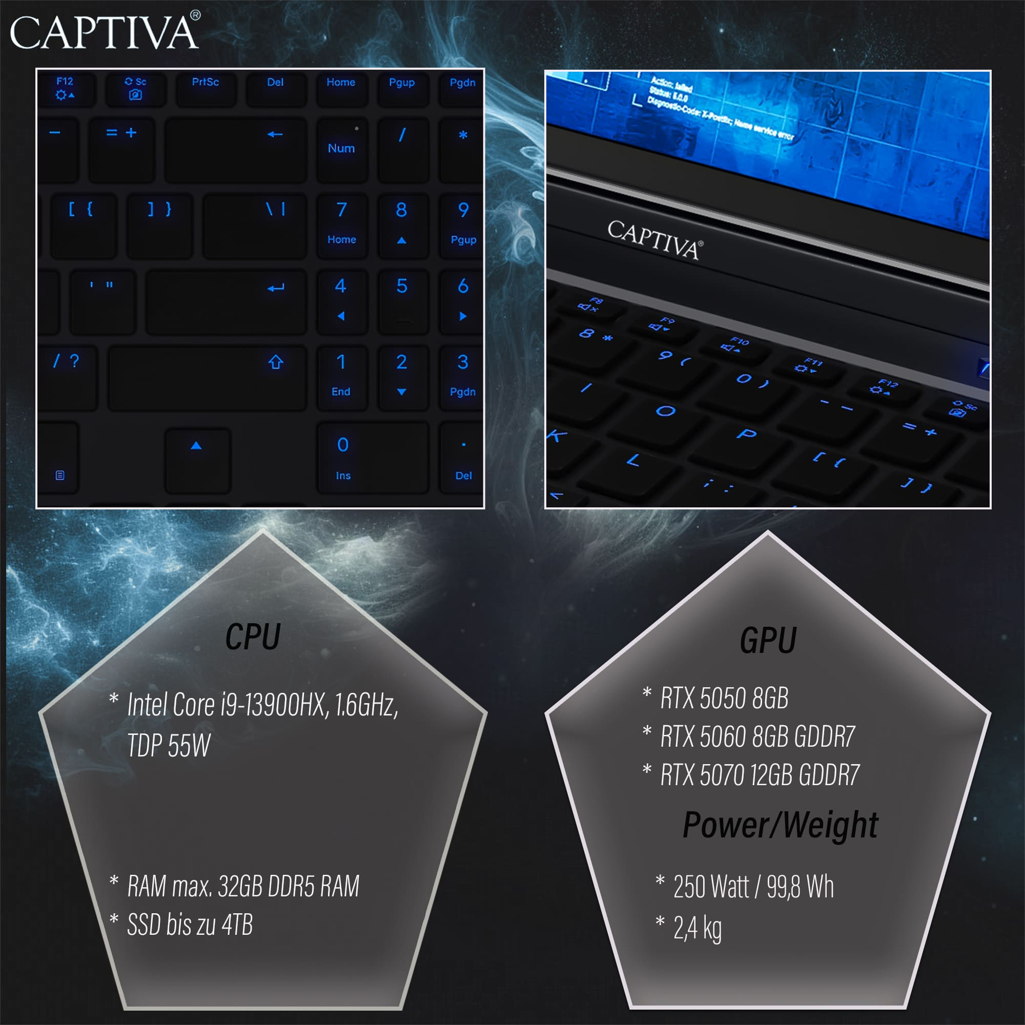 Laptop Captiva: Klawiatura, ekran z błędem, specyfikacje CPU i GPU.