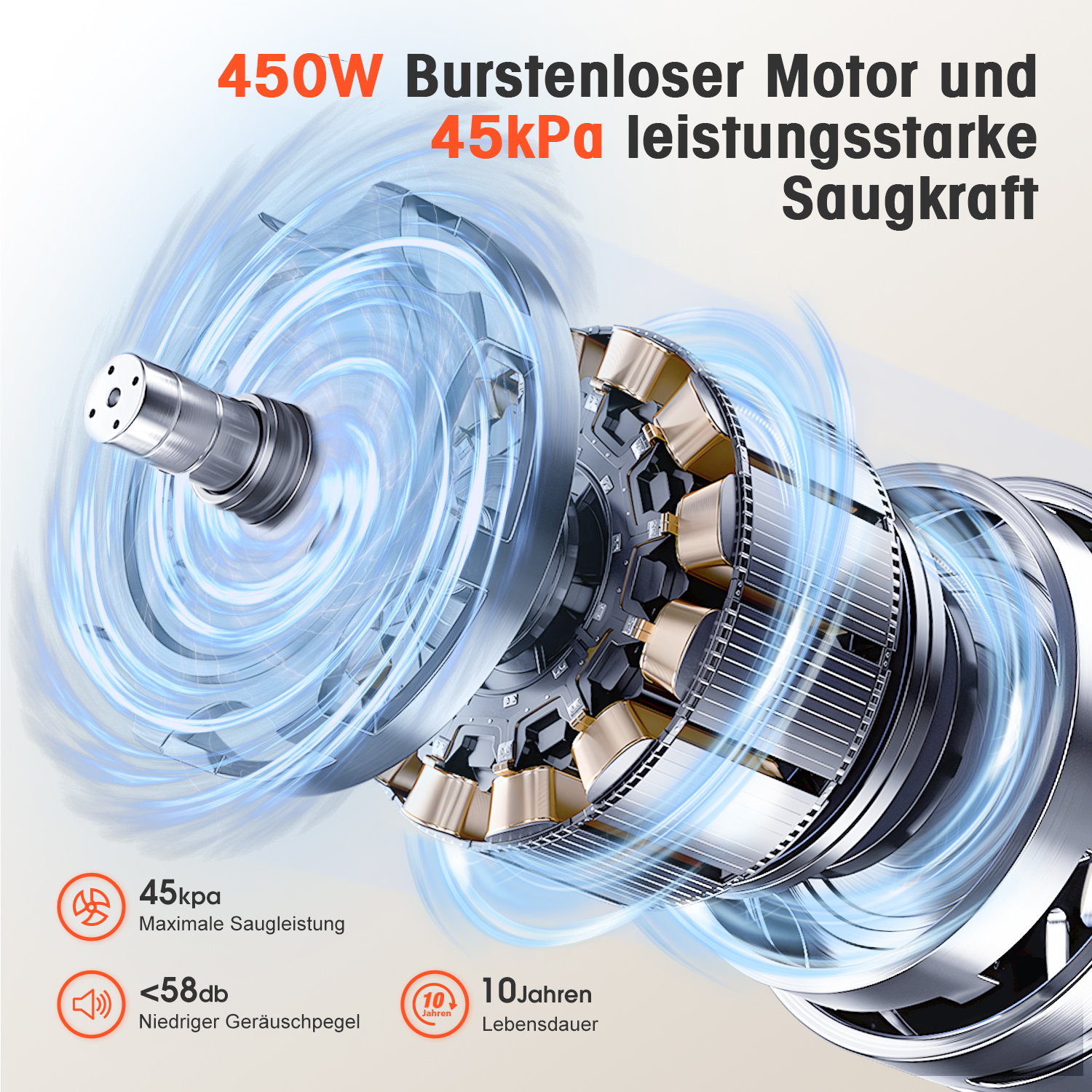 Ein 450W bürstenloser Motor mit 45kPa Saugkraft, 10 Jahre Lebensdauer.