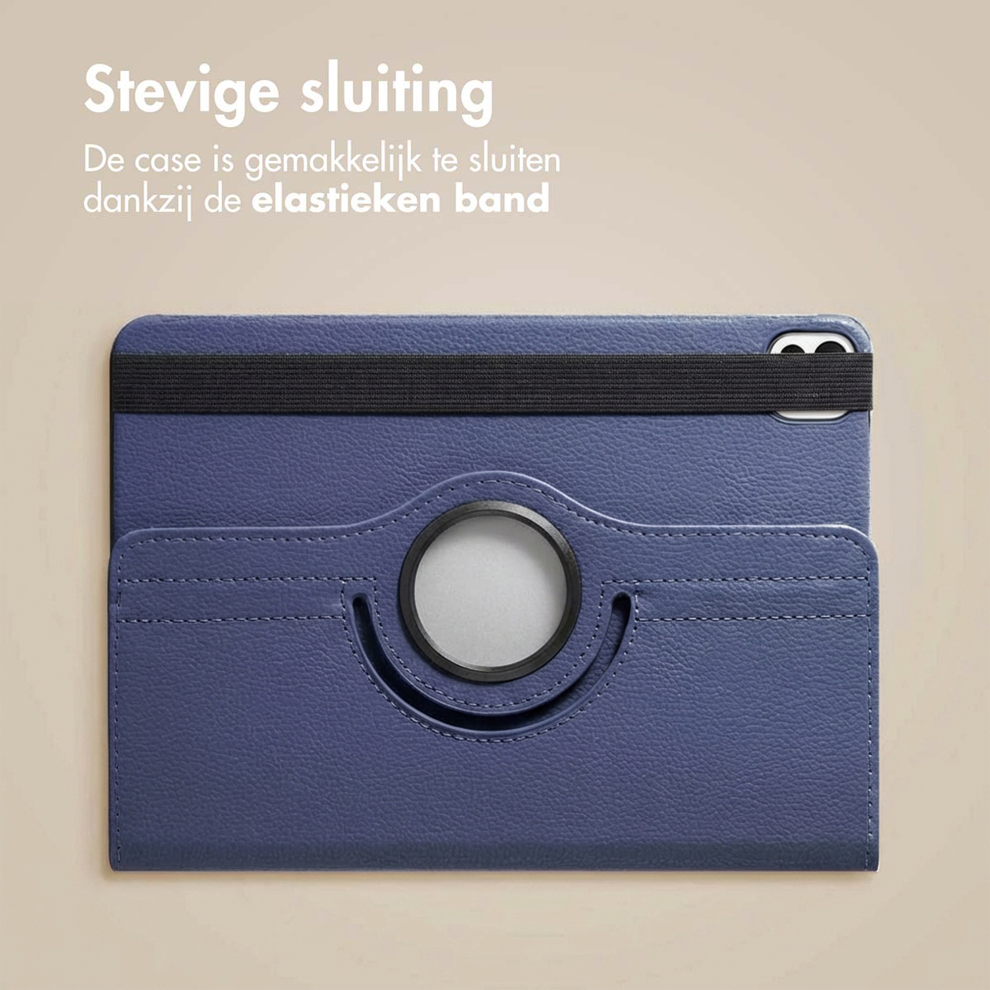 A blue tablet case with an elastic strap and a circular cutout for the camera.