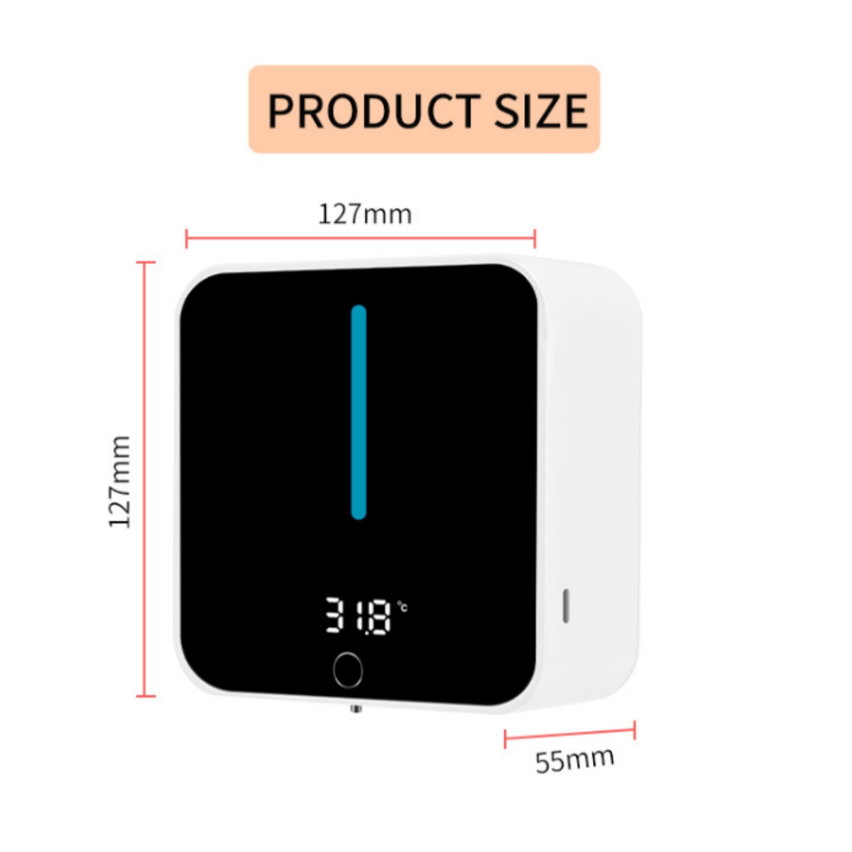 Ein weißes Gerät mit schwarzen Display, 127x55x127mm Maße, zeigt 31.8°C an.