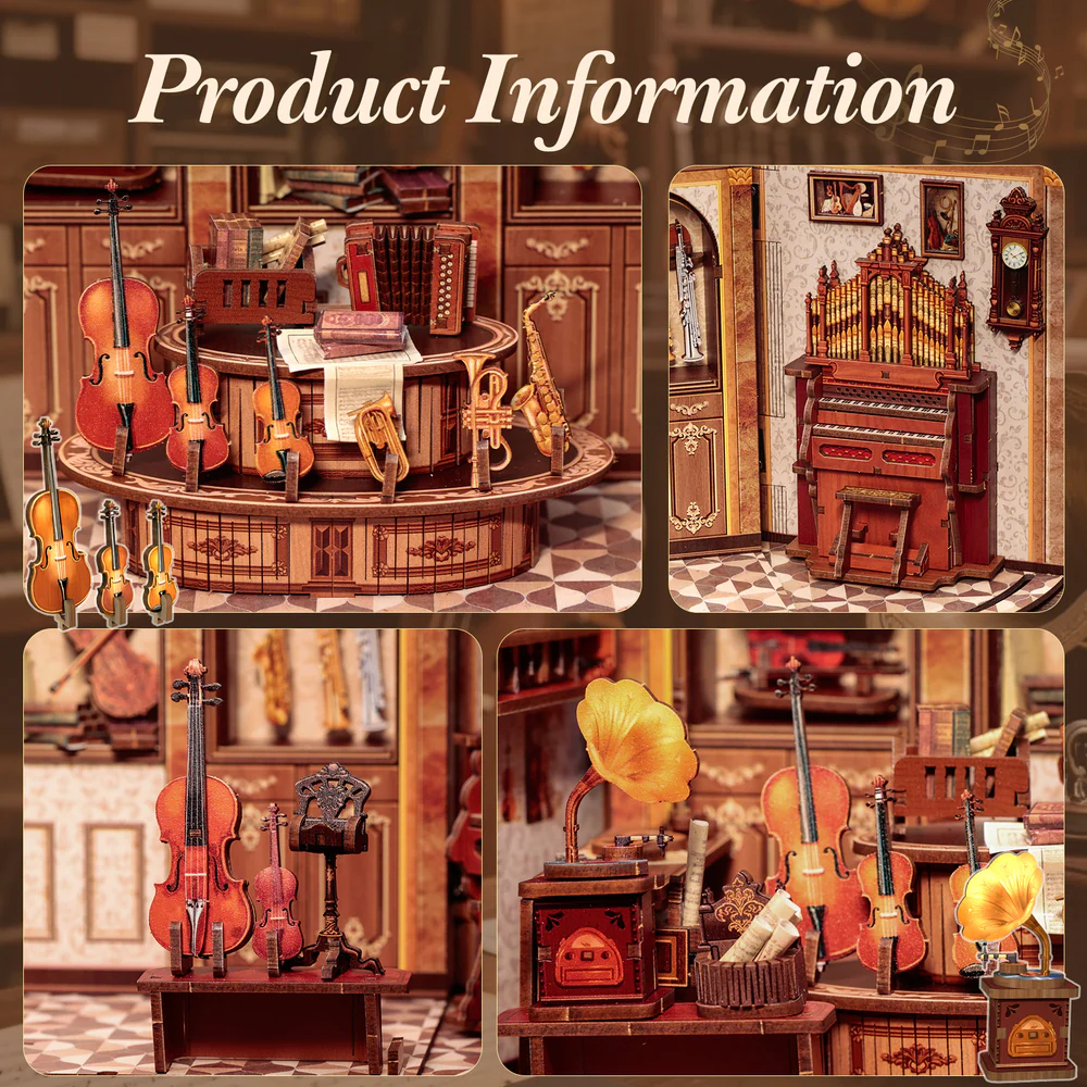 Modèles miniatures d'instruments de musique et de meubles dans diverses scènes.