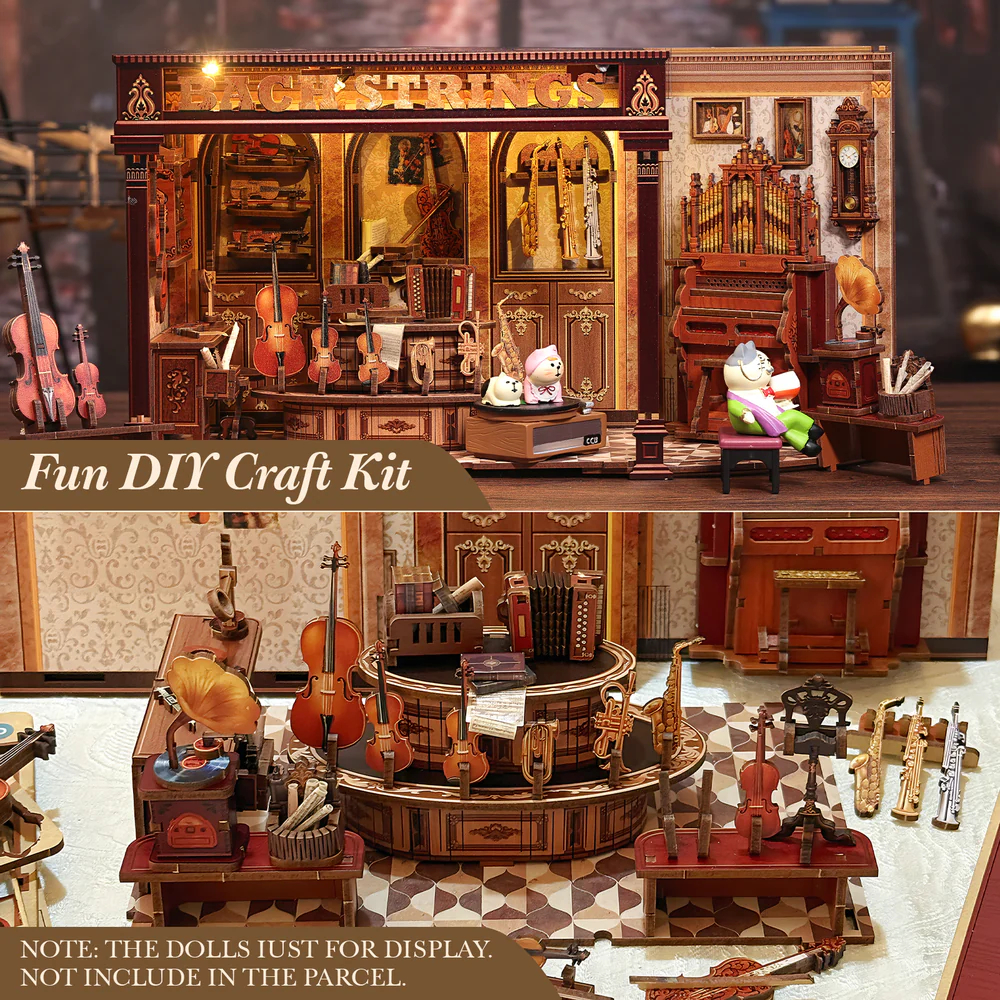 Un kit de bricolage DIY avec instruments de musique : violons, saxophones, piano.