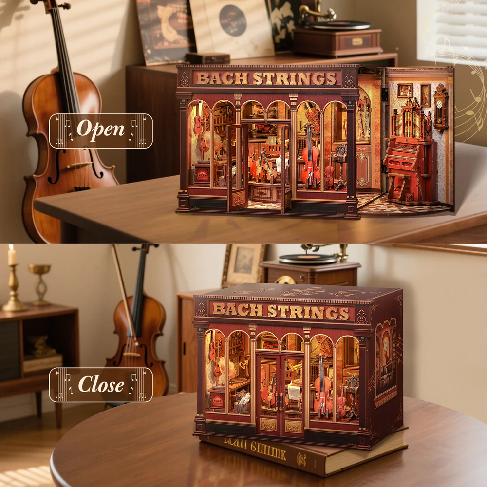 Un atelier miniature d'instruments à cordes ouvert et fermé avec des violons.