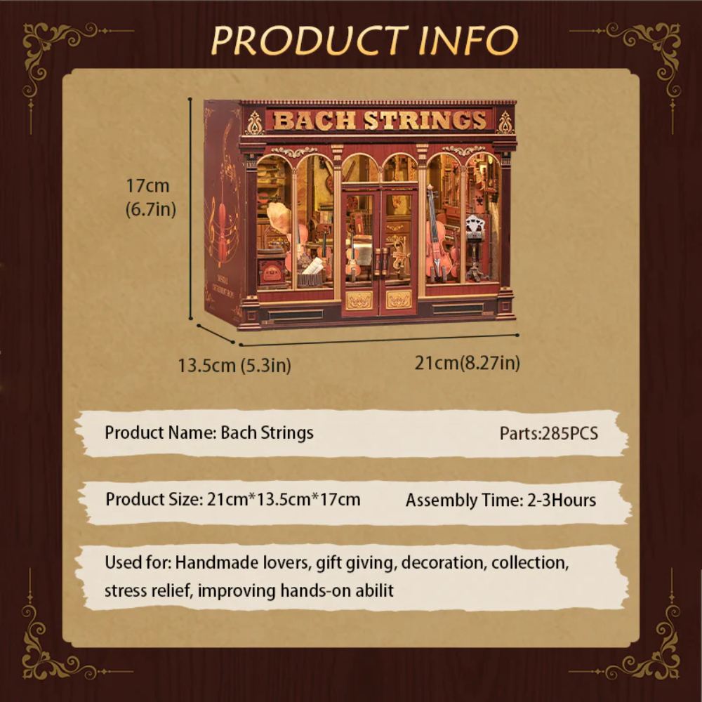 Maquette miniature d'un magasin de musique avec violons et accessoires.