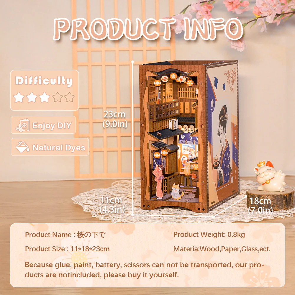 Informations produit pour un coin livre sur le thème japonais. Comprend les dimensions et les détails de bricolage.