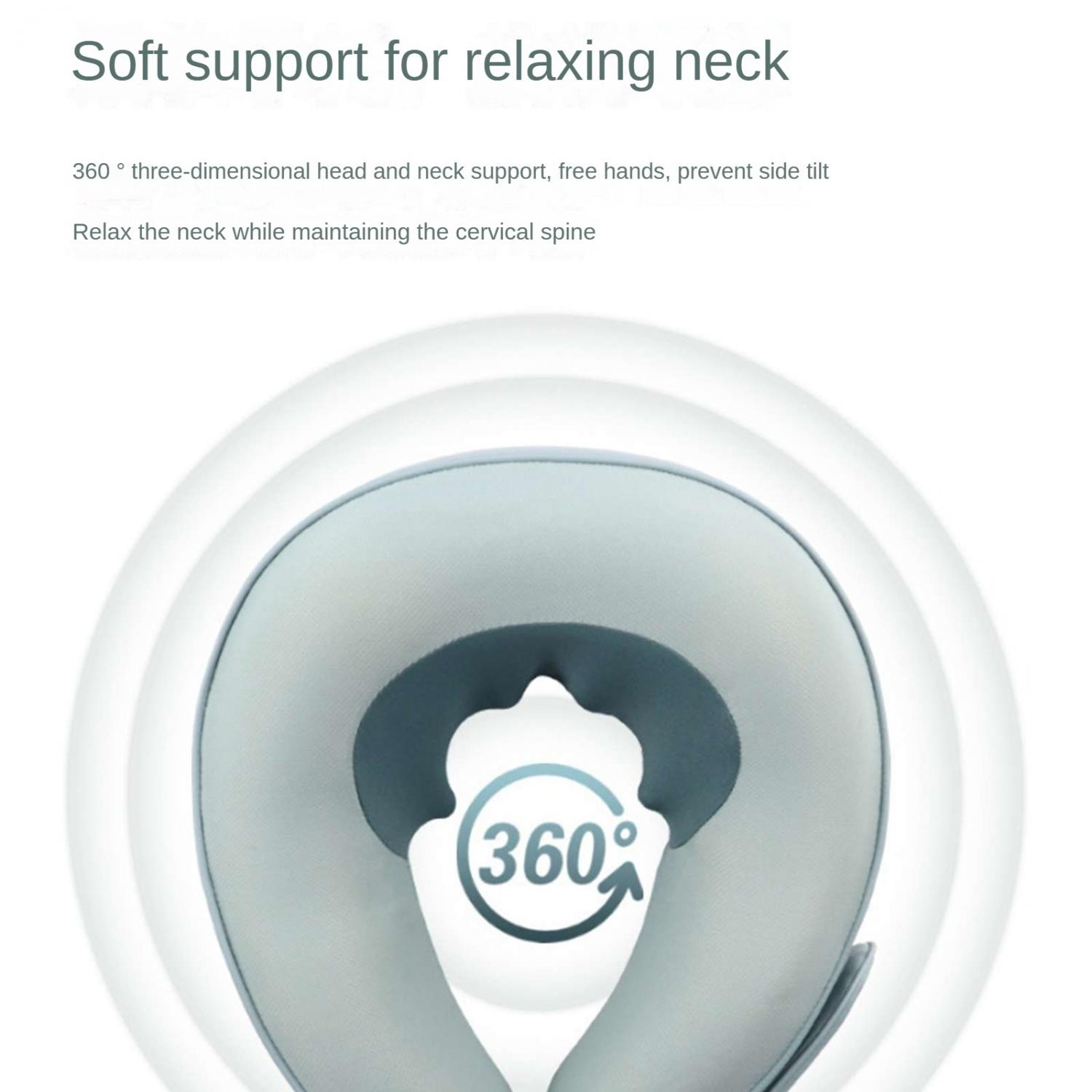 Ein graues Nackenkissen mit 360°-Symbol für Entspannung.