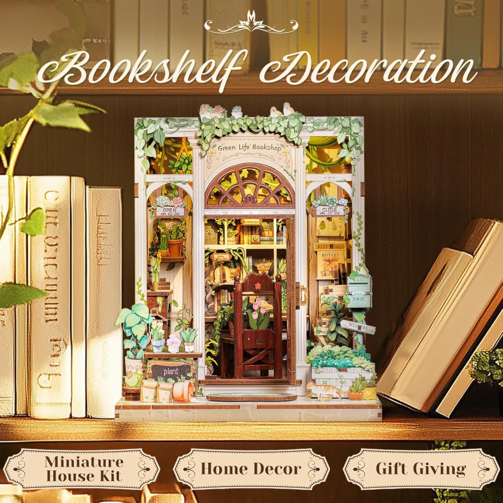 Miniatur-Buchhandlung im Regal, mit Pflanzen, Büchern und einem Stuhl darin.