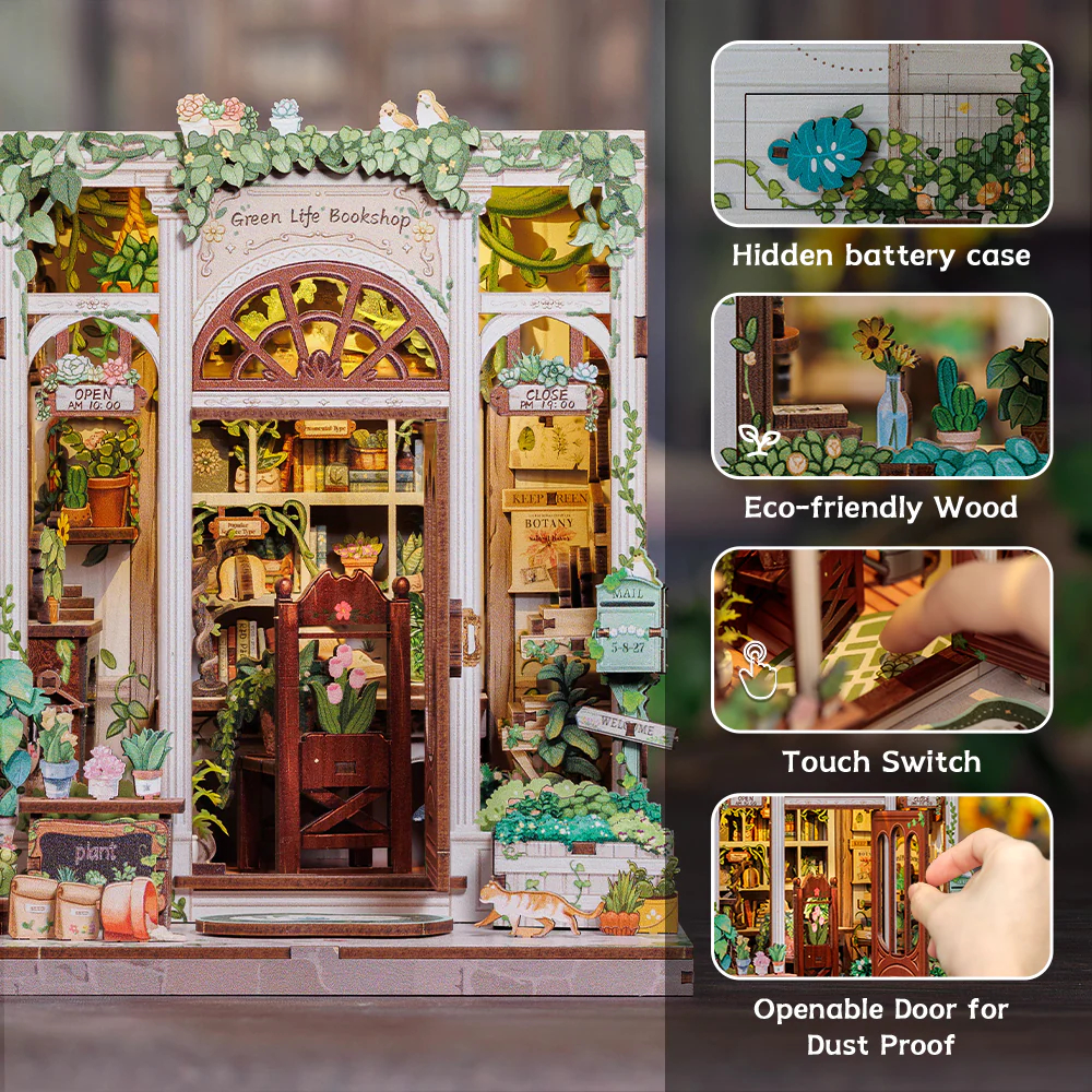 Miniatur-Buchhandlung mit vielen Pflanzen, Bürostuhl und Katzenfigur.