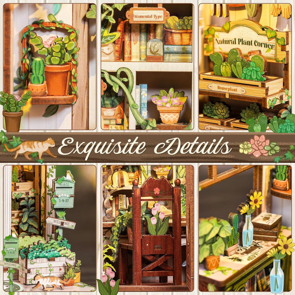 Miniatur-Gartenszene mit Pflanzen, Büchern, Stuhl und Katze.
