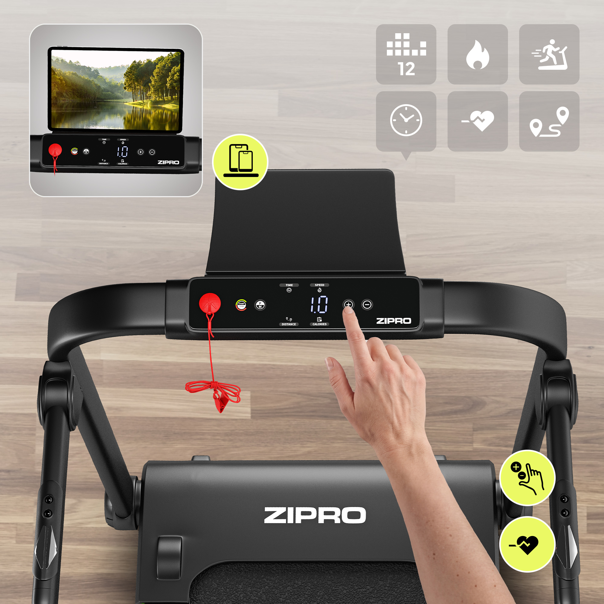 Czarna bieżnia z tabletem wyświetlającym krajobraz.