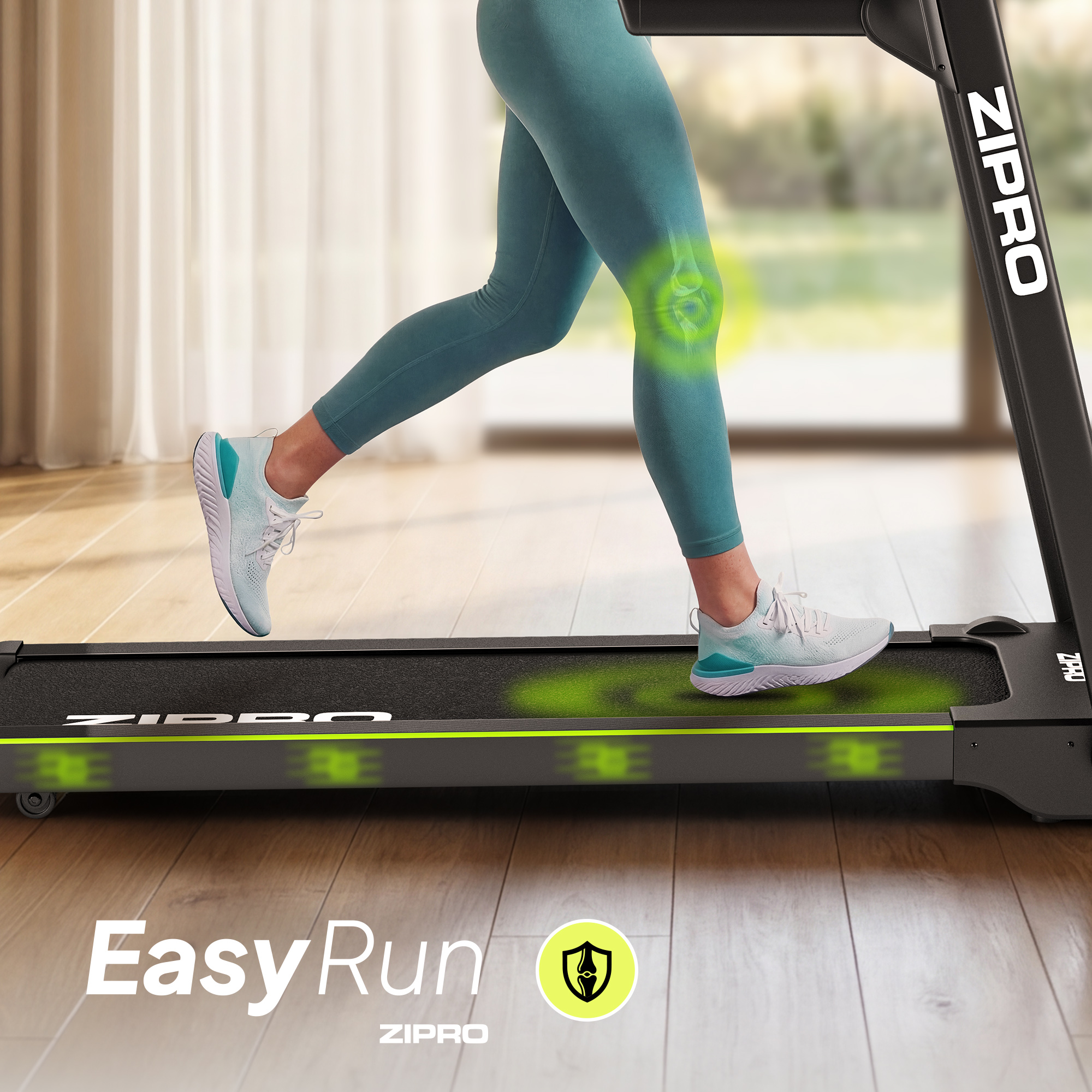 Osoba biegnie na bieżni, zielone akcenty, tekst.