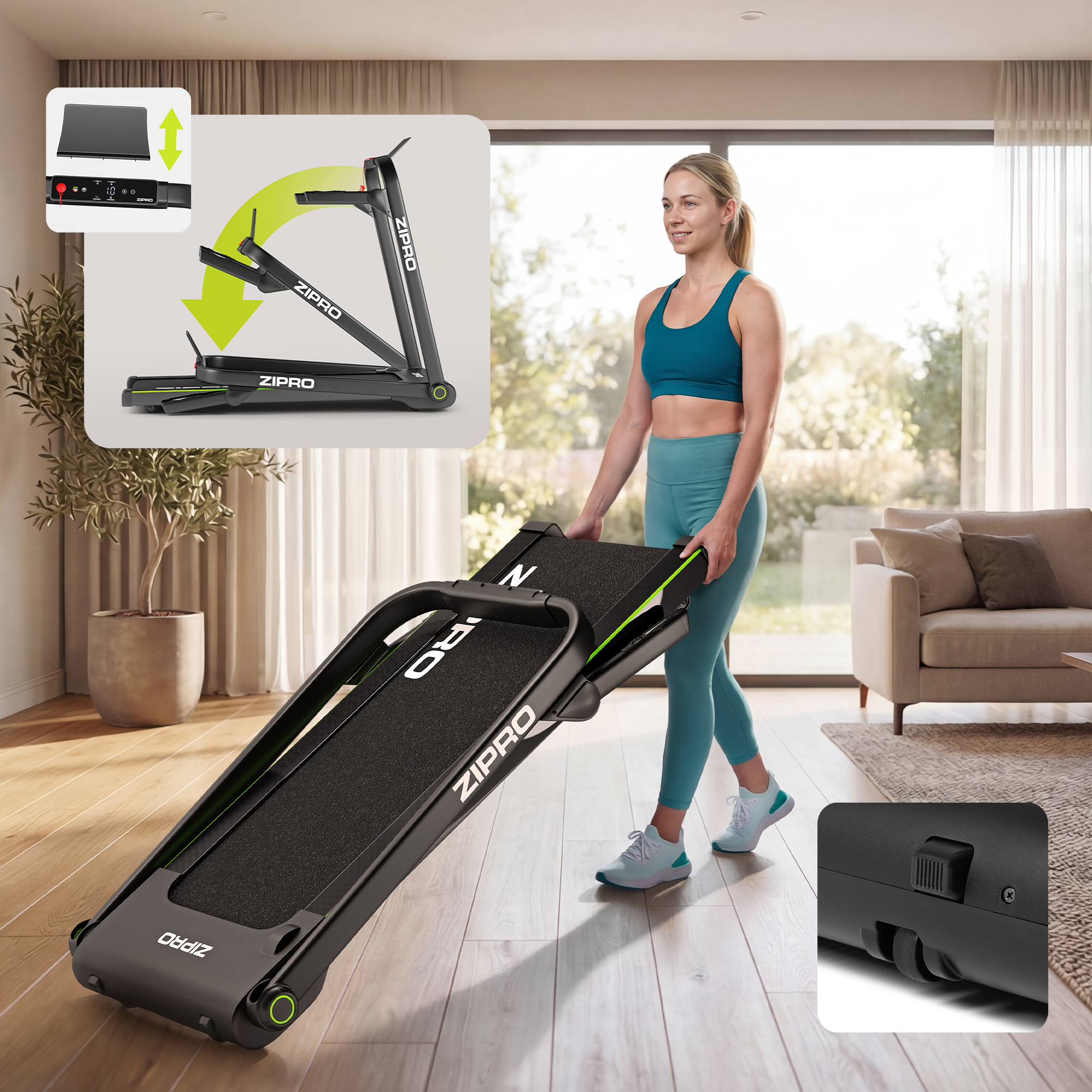 Kobieta pcha składaną bieżnię w salonie.