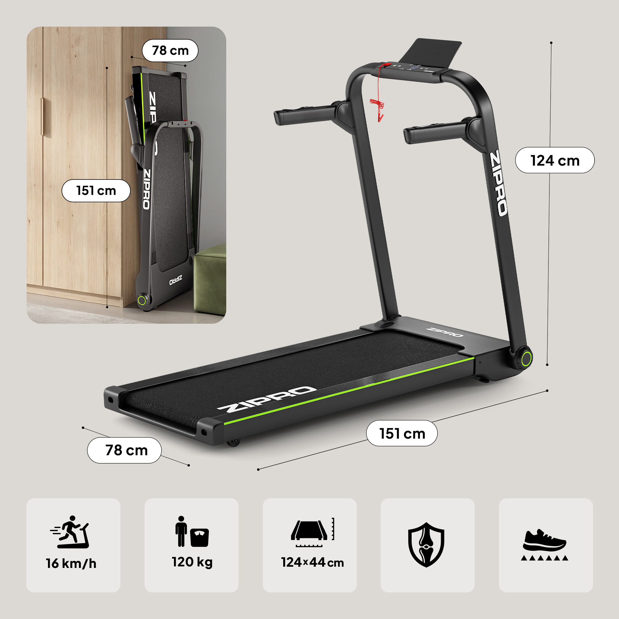 Czarna bieżnia ZPPRO, 151x78x124cm, składana, z wyświetlaczem, 16 km/h, 120kg.