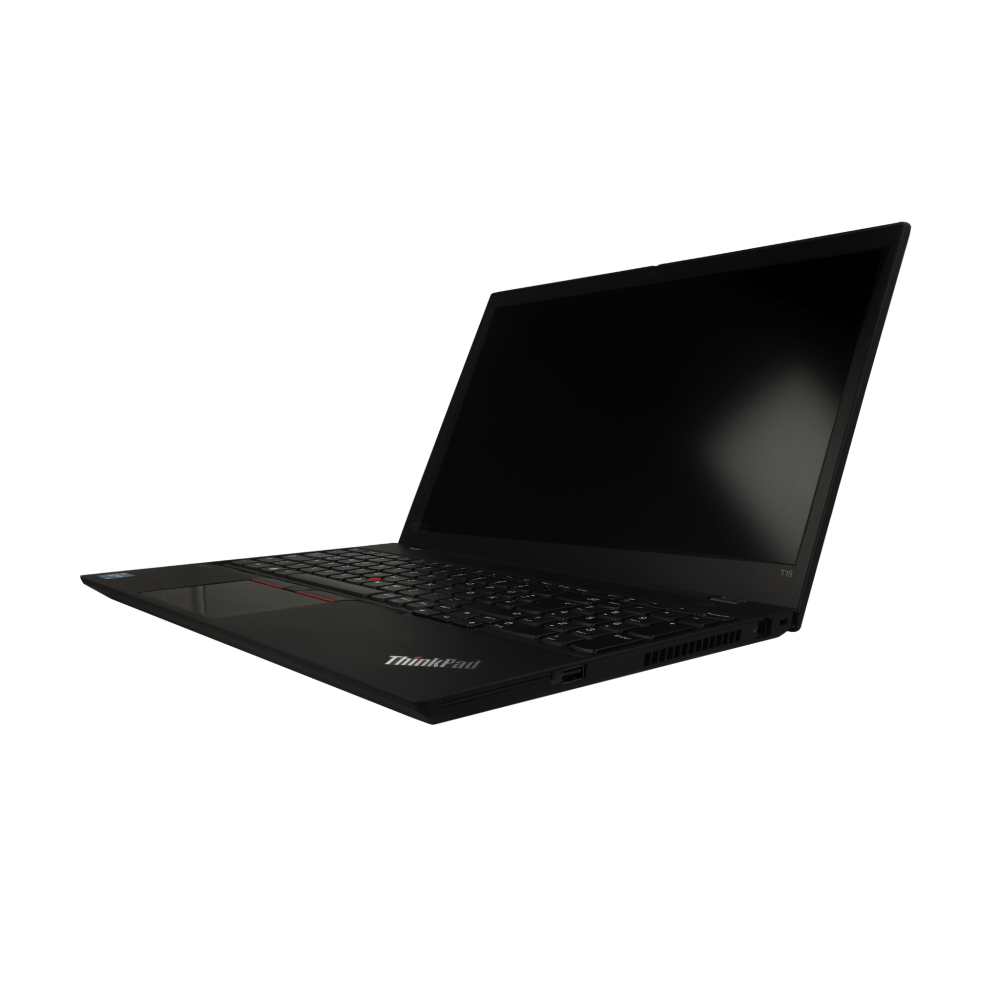 Schwarzer Laptop mit Tastatur und ThinkPad-Logo, weiße Hintergrund.