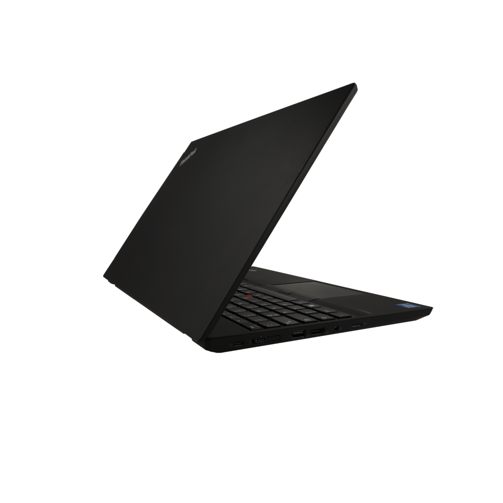 Schwarzer Laptop mit geöffnetem Deckel, Blick auf die Tastatur und Anschlüsse.