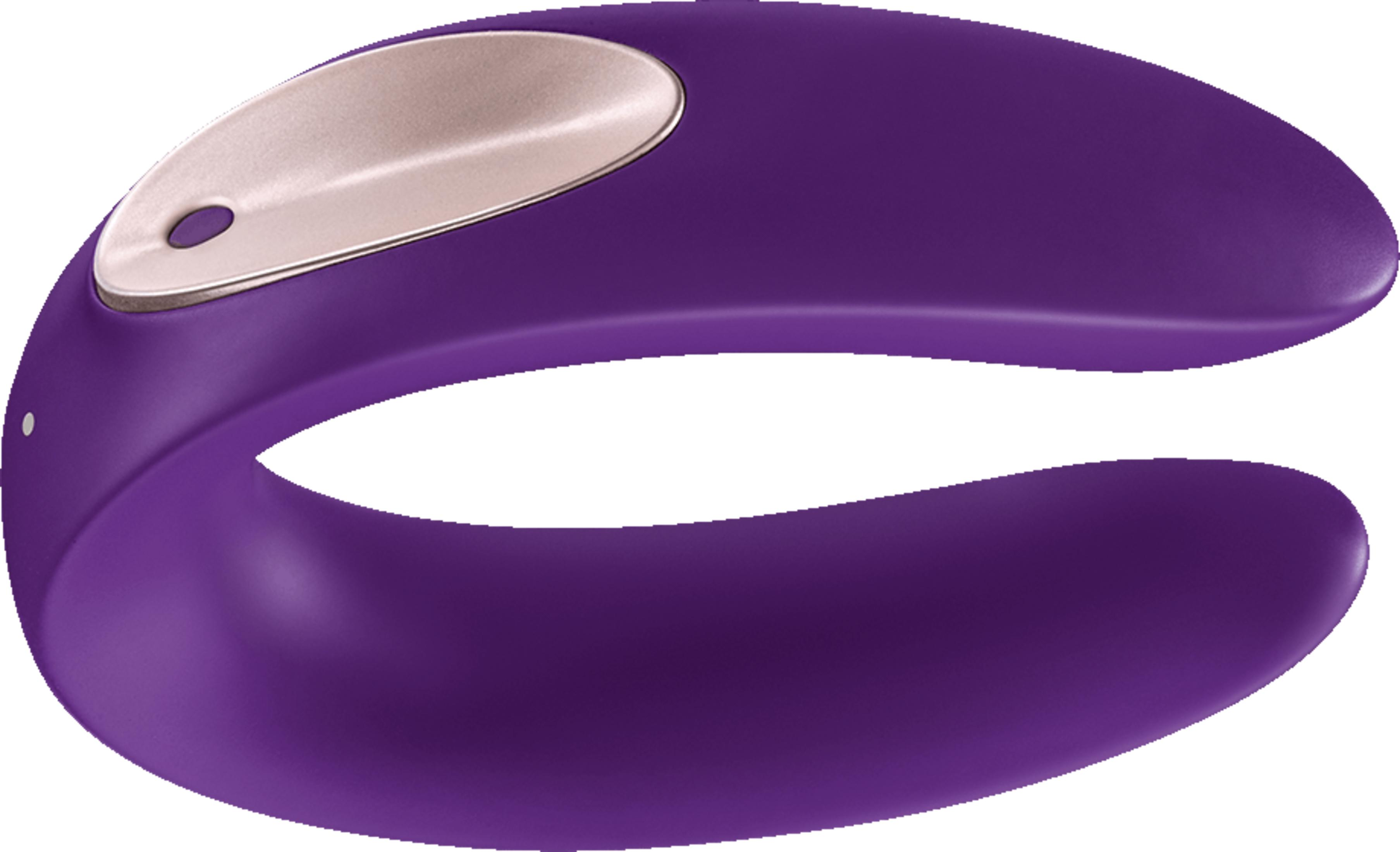 Fioletowy masażer z metalicznym akcentem i przyciskiem.