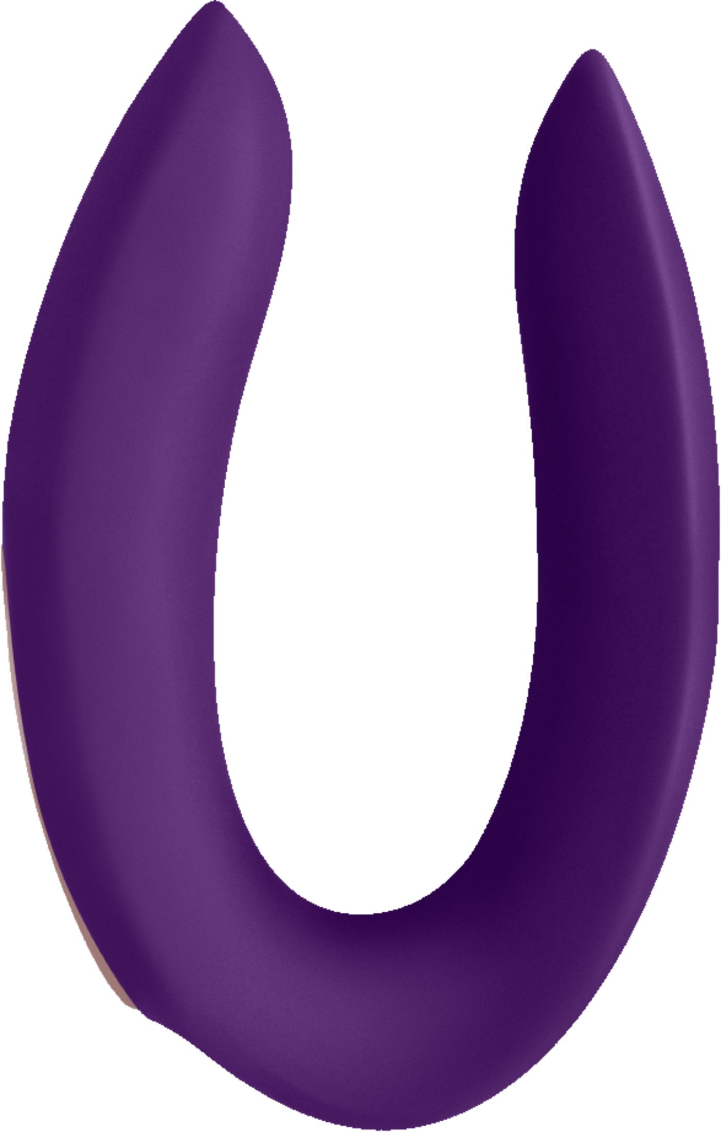 Fioletowy wibrator w kształcie litery U na białym tle.